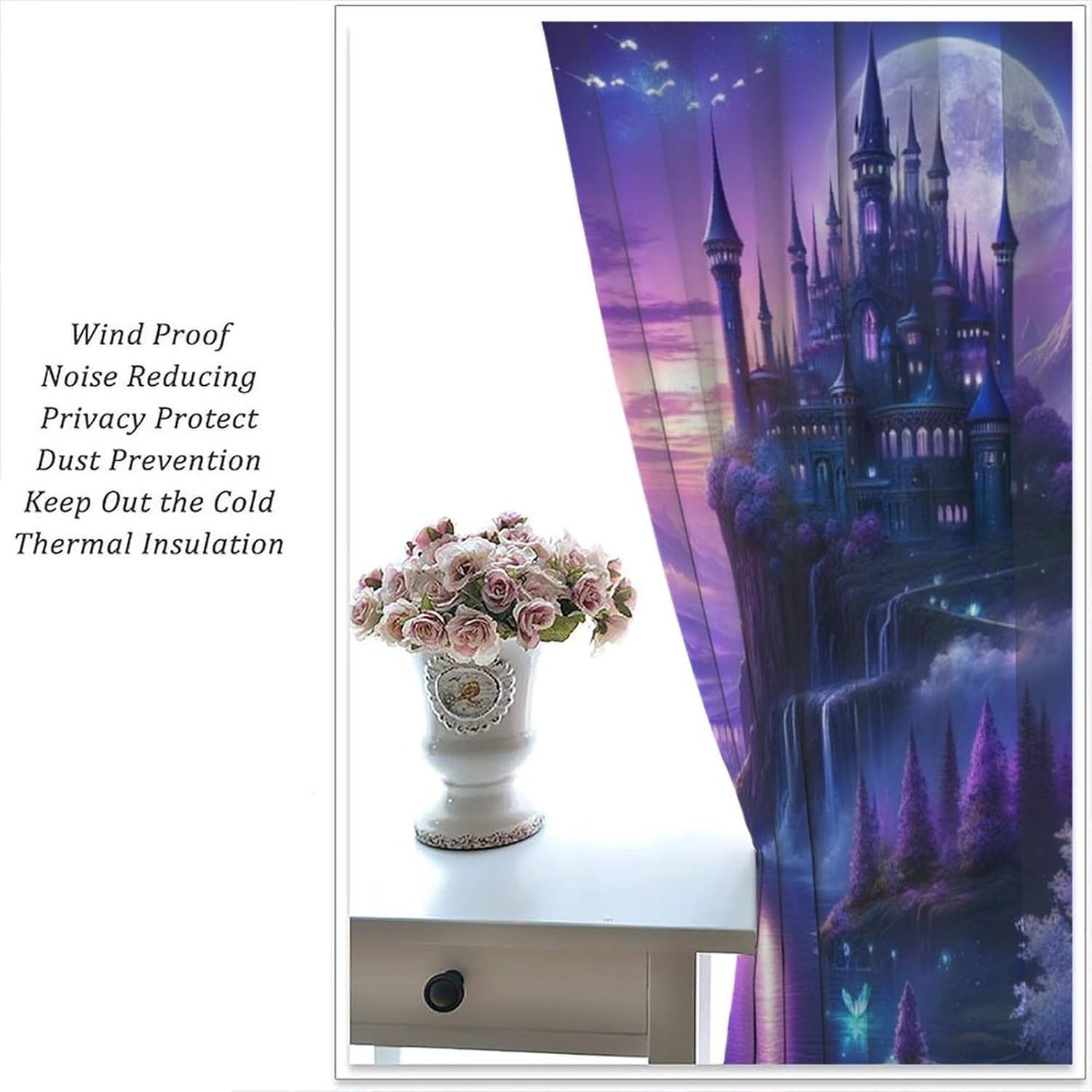 Fantasy Castle Curtains, Magical Purple Forest Mountains Trees Fairy Tale Magic Unicorn Flowers Print Blackout Window Treatments for Kids Girls Bedroom Living Room, 52" W X 84" L