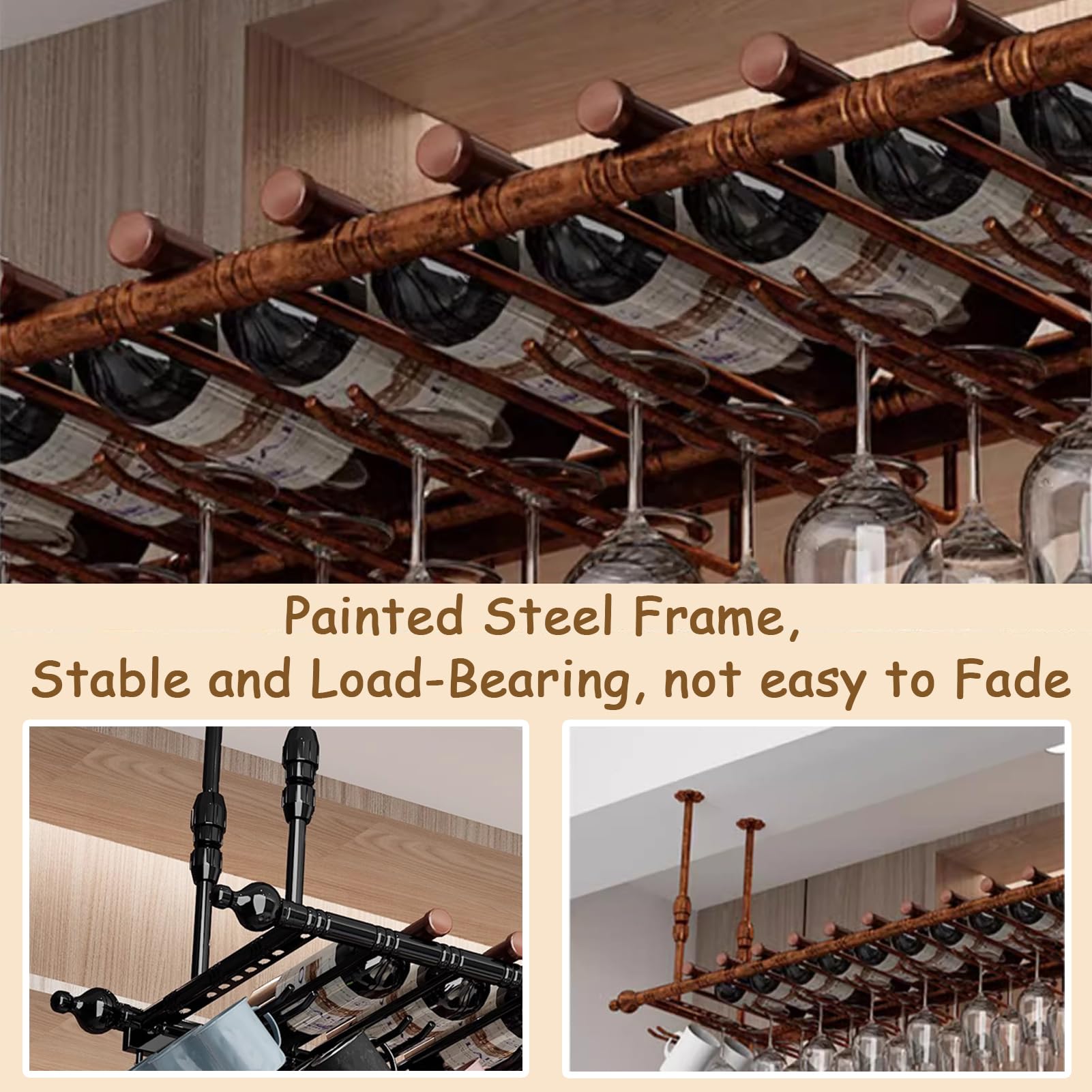 Estante industrial para copas de vino montado en la pared, soporte de metal ajustable para el hogar, bar y cocina, elegante estante de vino de hierro (negro, 60 x 30 cm)