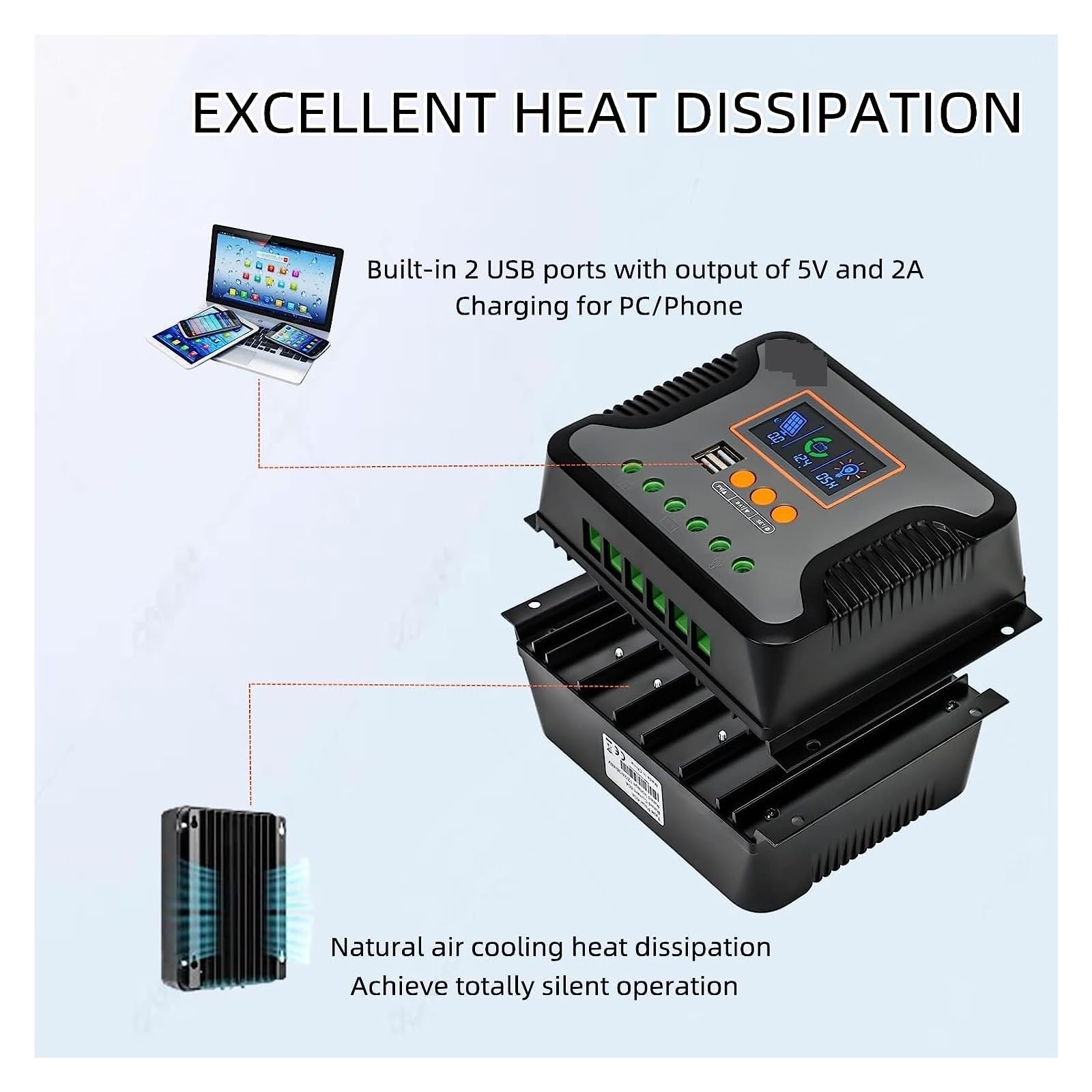 Regolatore di Carica Pannello Solare, Regolatore di Carica Solare PWM 30A 60A 80A 12V 24V 36V 48V Auto Max PV 100Vdc con Doppia Porta USB Display LCD retroilluminato regolatore(80A)