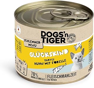 Dogs'n Tiger Schlemmermenü Glückskind, Nassfutter für Kätzchen, saftiges Huhn und Forelle - ohne Getreide, Zuckerzusatz, künstliche Konservierungsstoffe, optimale Verträglichkeit, 6X 200g product image