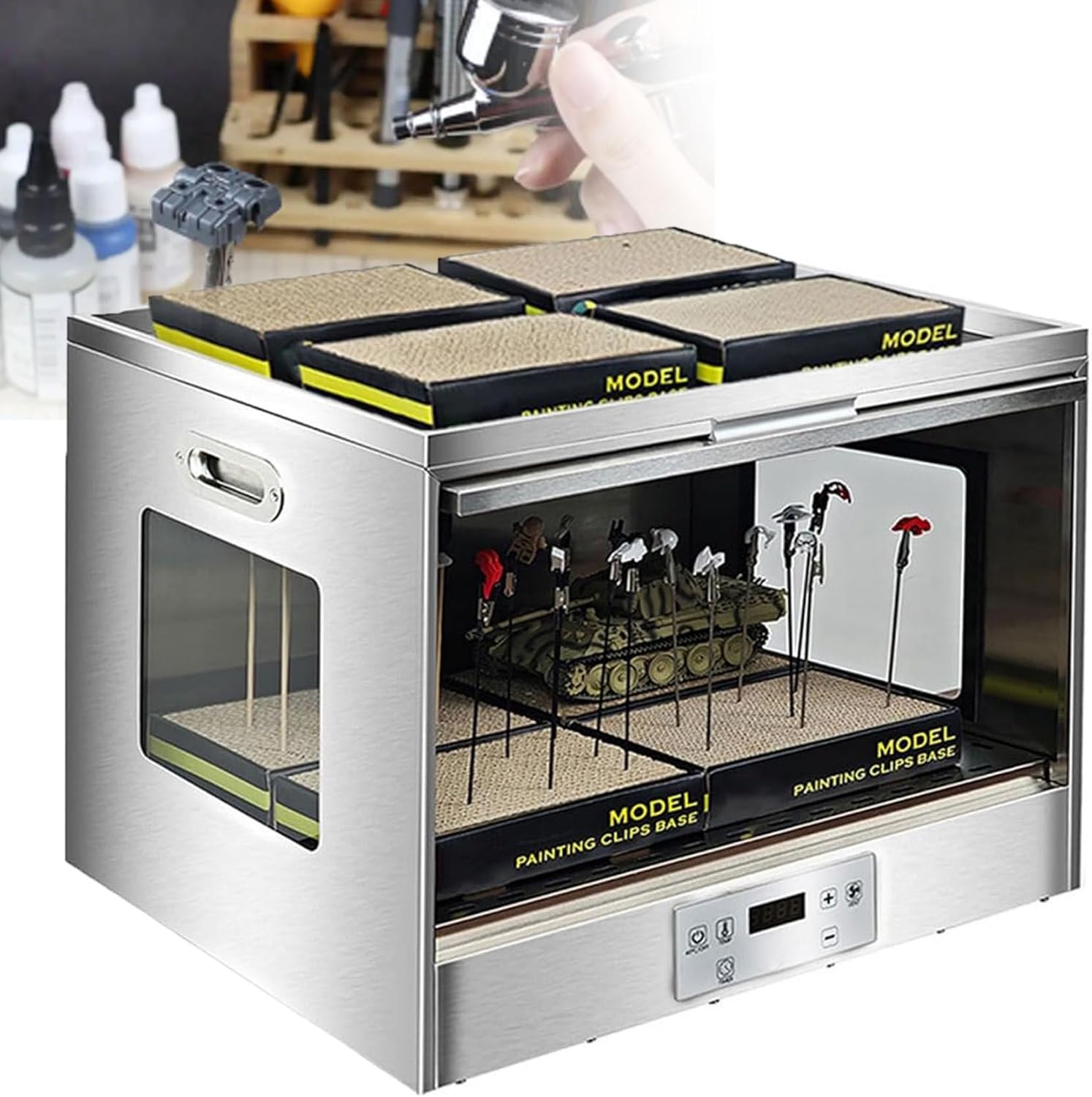 Airbrush Drybooth, Stainless Steel Airbrush Spray Booth, Model Paint Drying Box, 25℃-50℃ Adjustable Temperature, with Ventilation Function, for DIY Painting Models