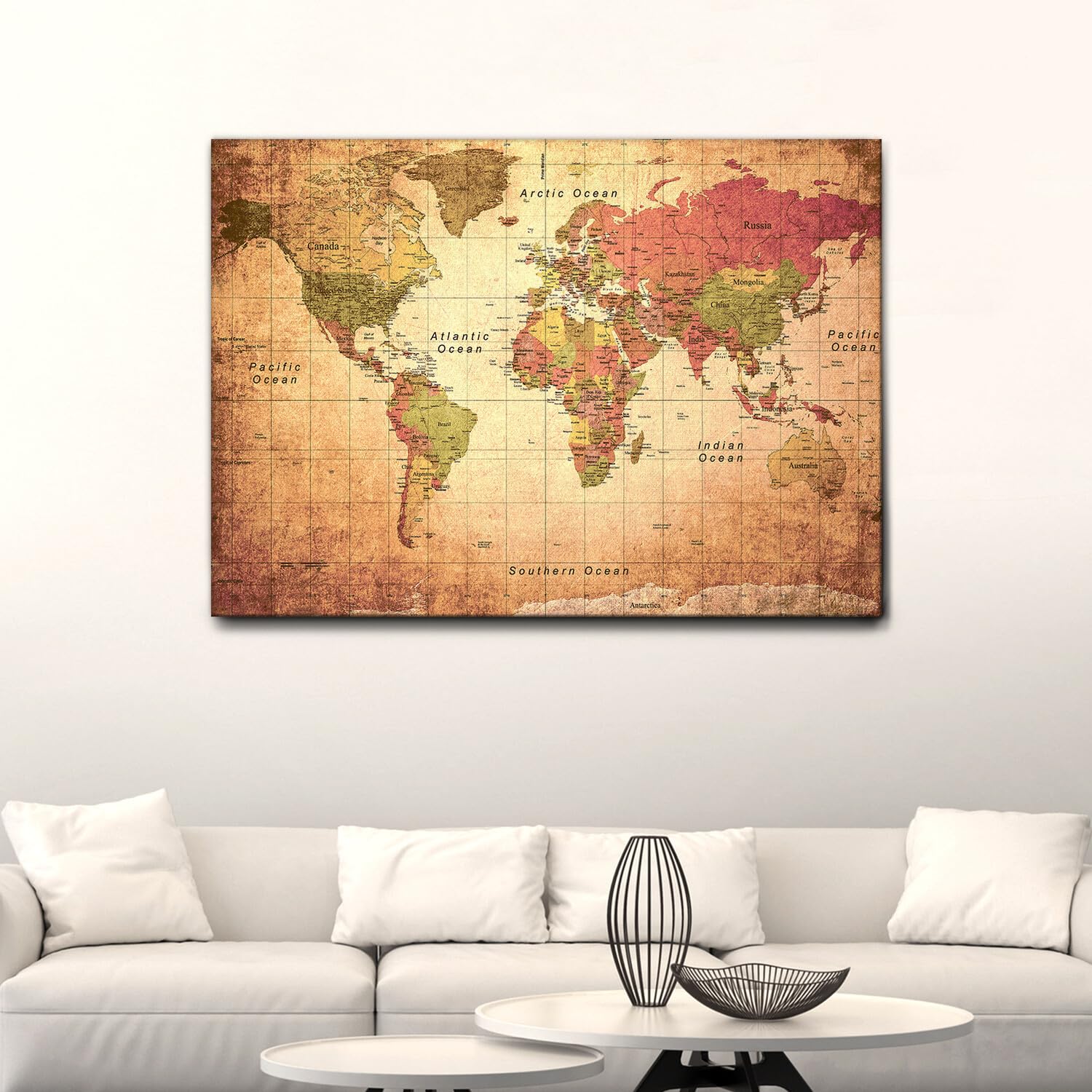 Giallobus - Cuadro - Impresion EN Lienzo - World Map Old - Antiguo Mapa del Mundo - 100 x 140 CM