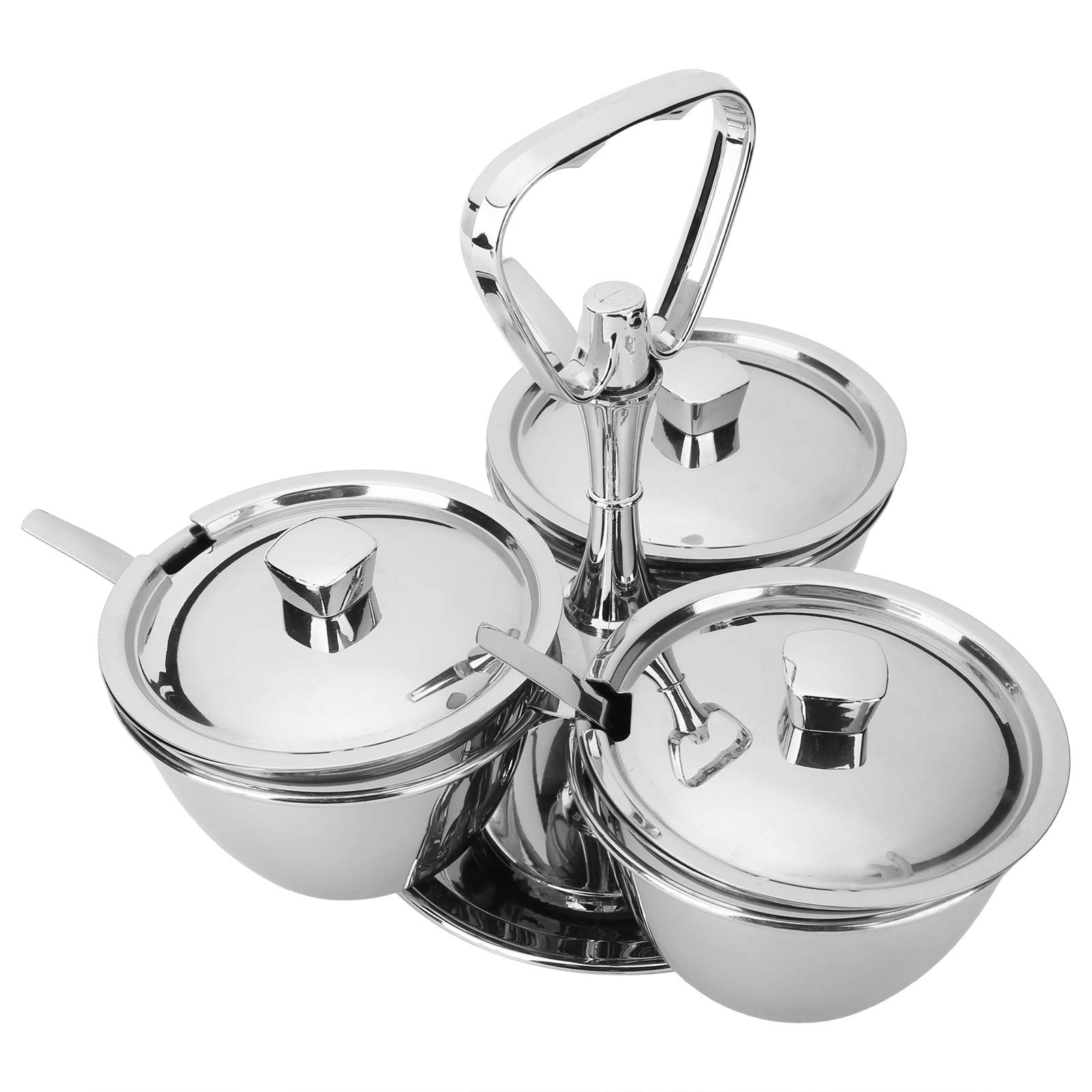 Juego de 3 Recipientes para Especias de Acero Inoxidable, 300 ml, con Tapa Giratoria de 360°, Cuchara y Estante, para Almacenamiento de Cocina