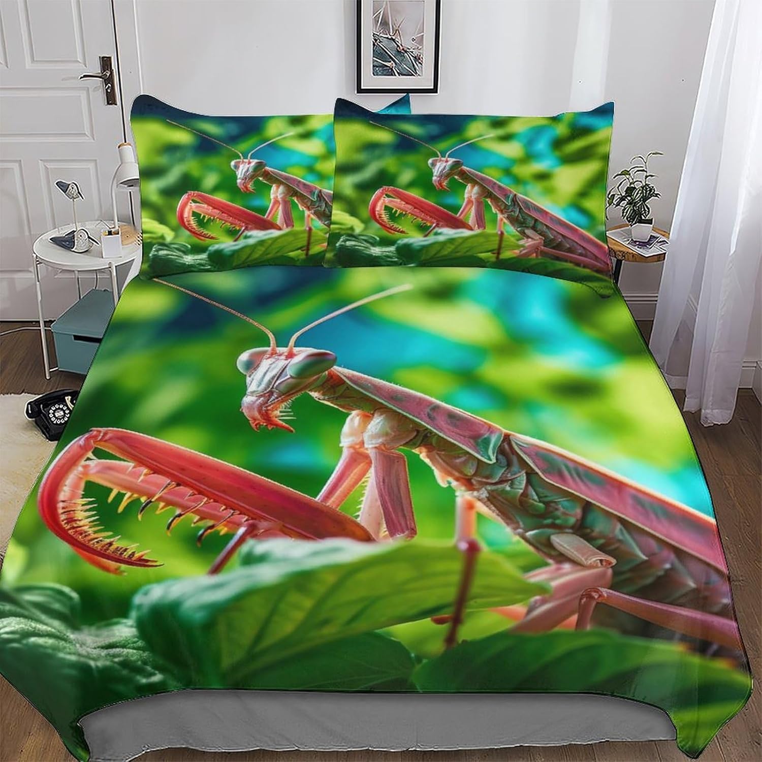 3D Printed Mantis Insects King Size Duvet Cover Grass Leaves Duvet Sets Soft Breathable Microfibre 3Pcs Bedding 230x220 with Hidden Zipper Closure and 2 Pillowcases 50x75 2254-C