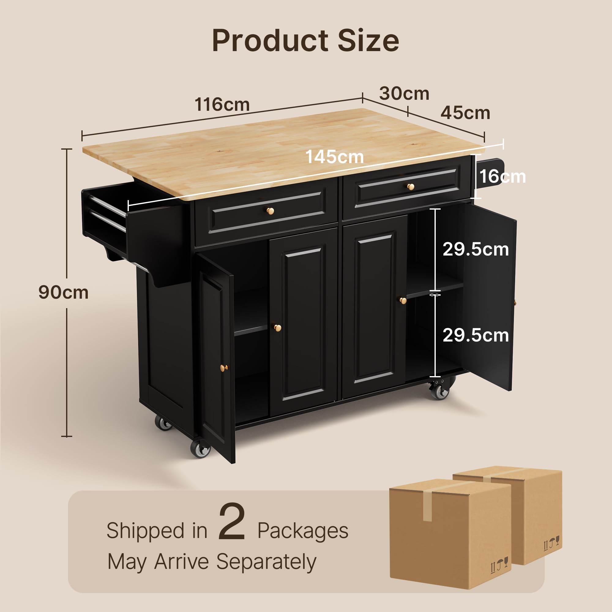 Xbro Carrello da Cucina Mobile con Ruote, Piano Pieghevole, Credenza 2 Cassetti 4 Ante, Salvaspazio con Portaspezie Portaasciugamani, 145x75x90 cm