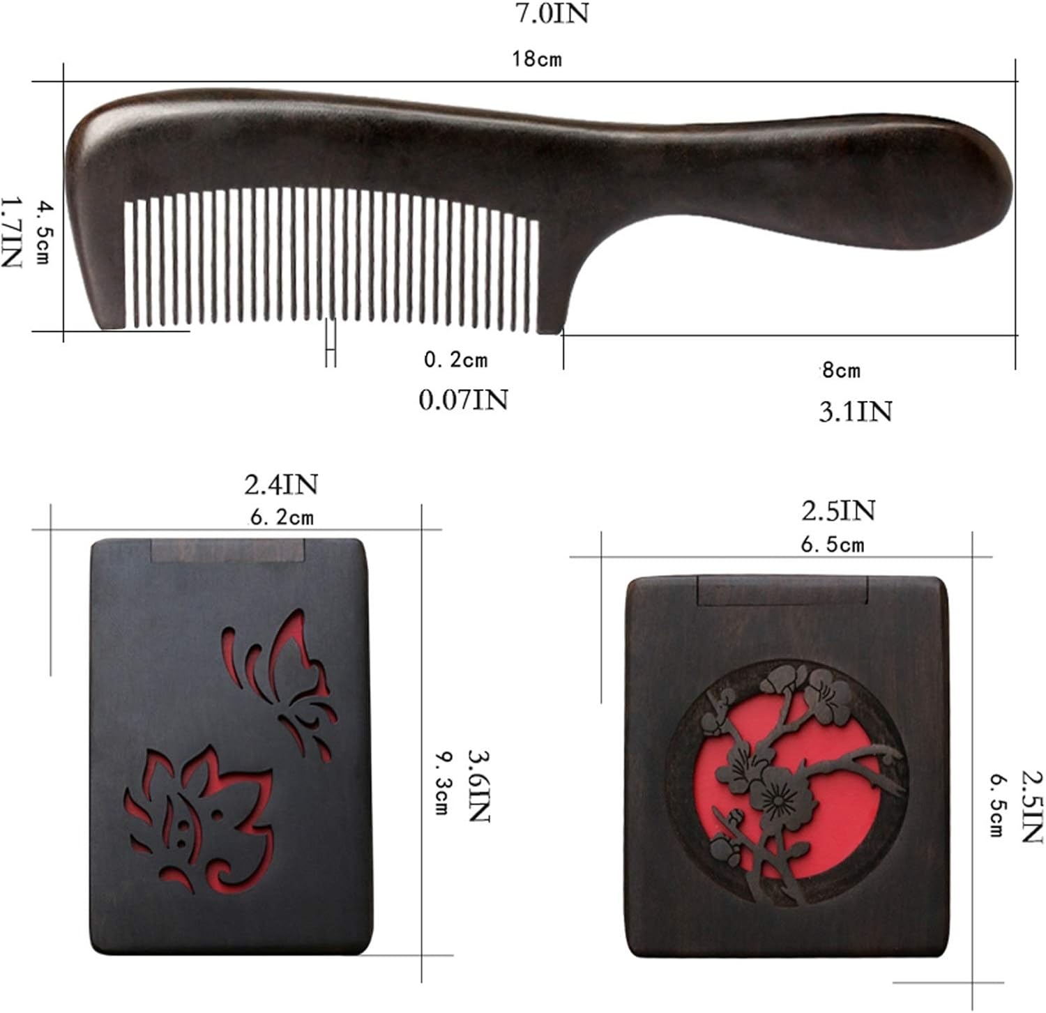 Comb Mirror Set Wooden Comb Handmade Natural Wood Comb Fine Tooth Comb Head Massager Hair Combs - No Static Portable Comb Mirror Hair Comb(B)