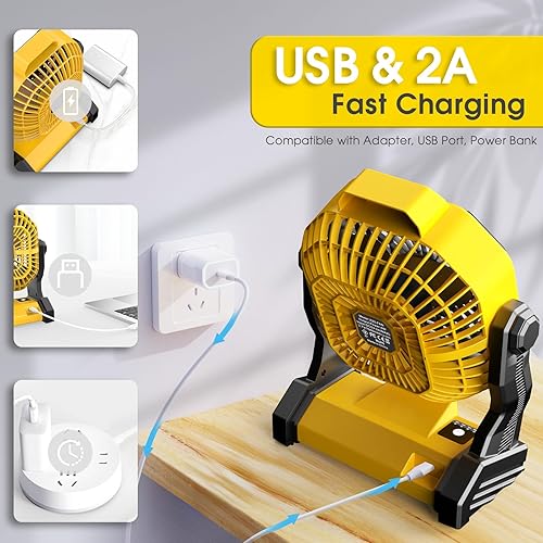 Vista 9 de Ventilador de Camping con Linterna LED, 20000 mAh, 9 Pulgadas, Ventilador Portátil Recargable con Batería con Velocidad Sin Escalones y Negro