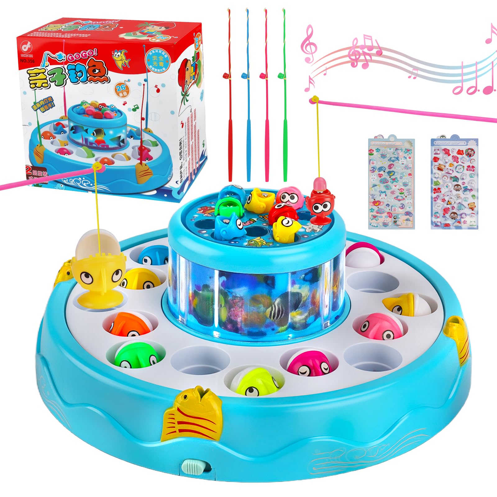 Angelspiel Spielzeug ab 2 Jahre,Montessori Magnetische Angelspiel mit Musik und Lichter,Fische Angeln Kinderspiele,26Fische und 4 Angelruten,Lernspielzeug Motorikspielzeug Geschenke für Kinder