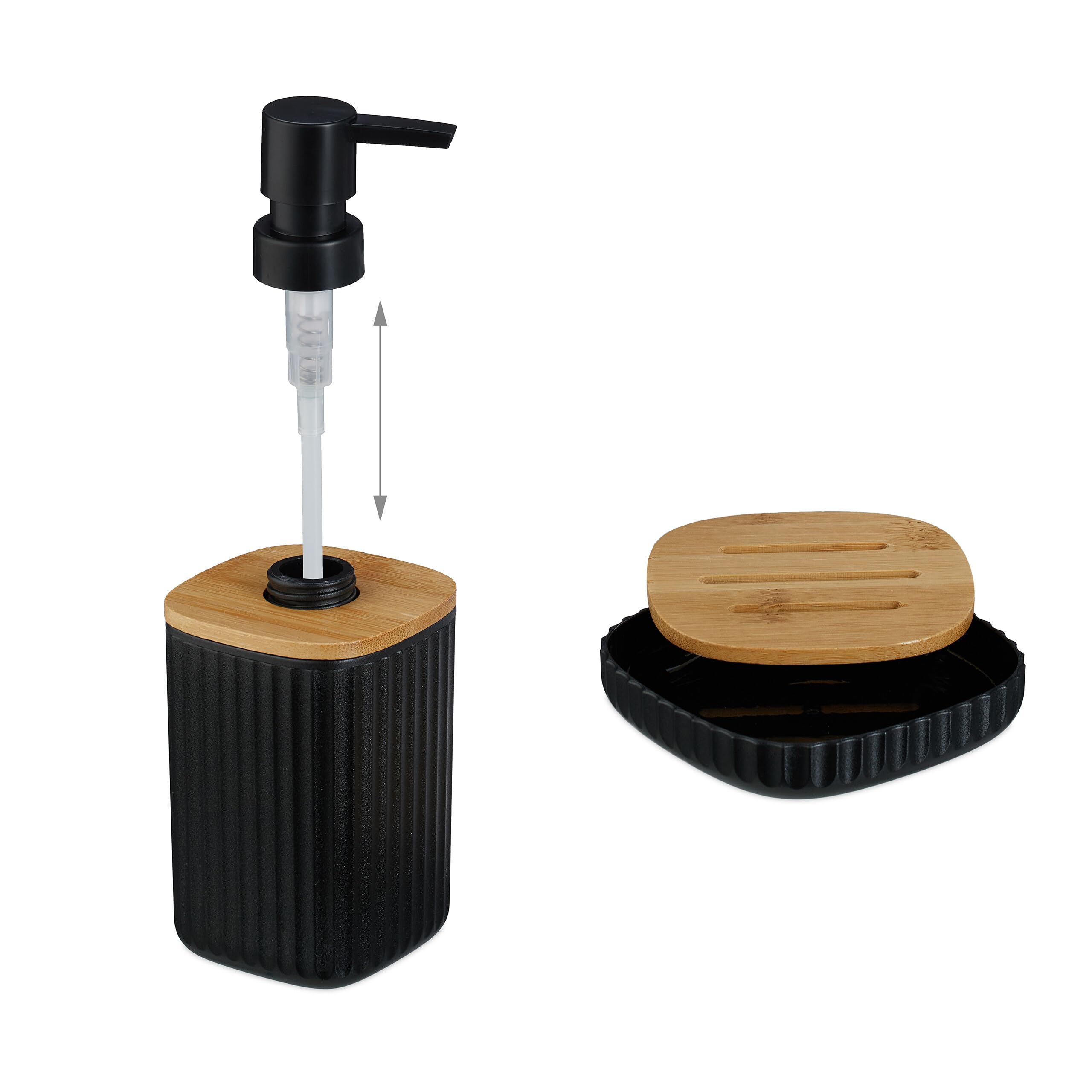 Relaxdays Set Accesorios Baño, Juego Completo Utensilios 6 Piezas, Conjunto WC, Plástico y Bambú, Negro y Natural
