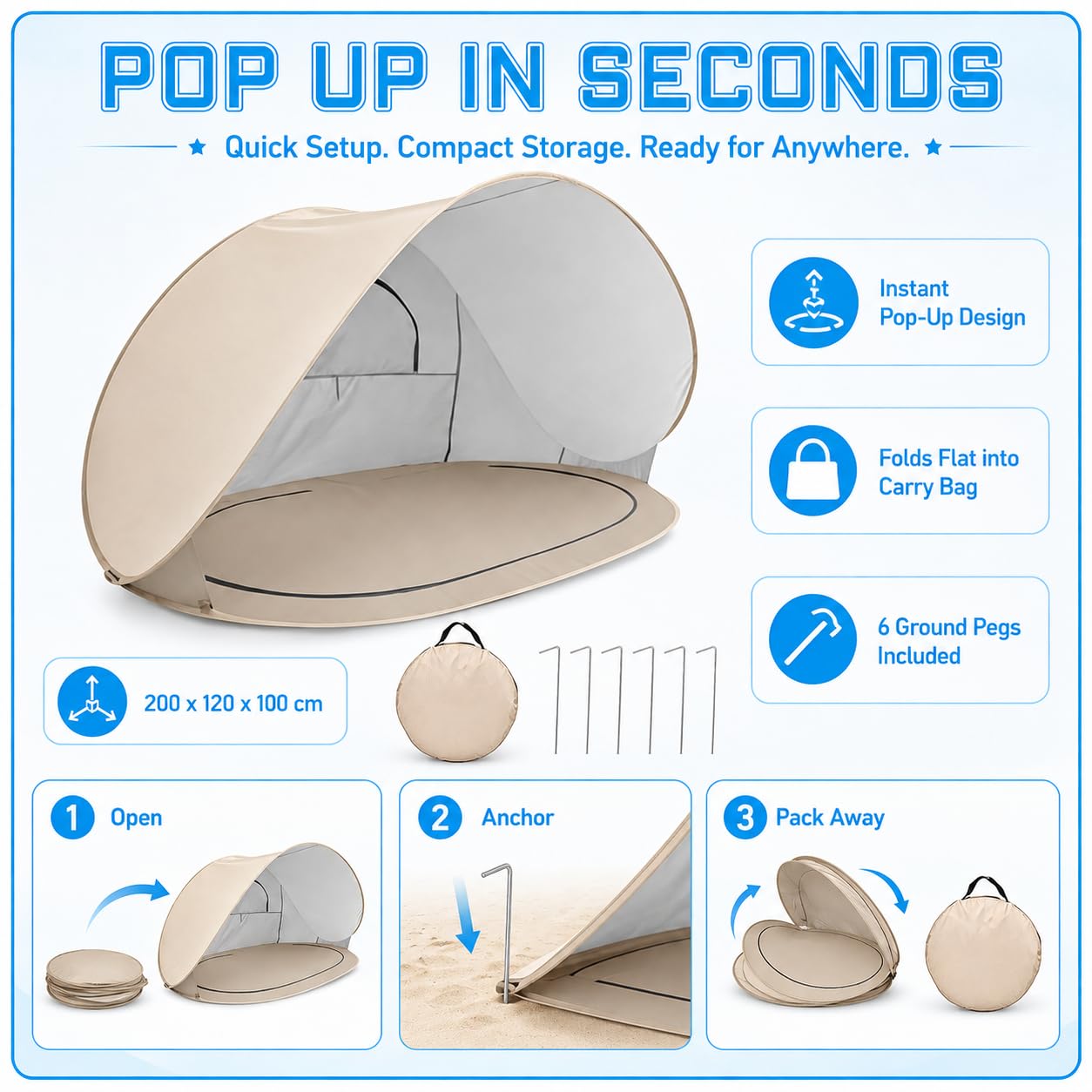 ZVD Tente de Plage Pop Up 3-4 Personnes, Anti-UV UPF 50+Camping (Blanc) | Abri de Plage Coupe-Vent avec Sol Amovible, Pare-Soleil Portable pour Plage, Camping, Jardin, Pique-Nique et Pêche