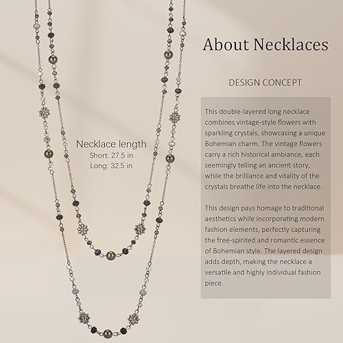 Miniatura 6 de Noessla Collares largos en capas para mujer, collar de cuentas negras y plateadas, vintage, joyería de disfraz de flores, regalos de cumpleaños para