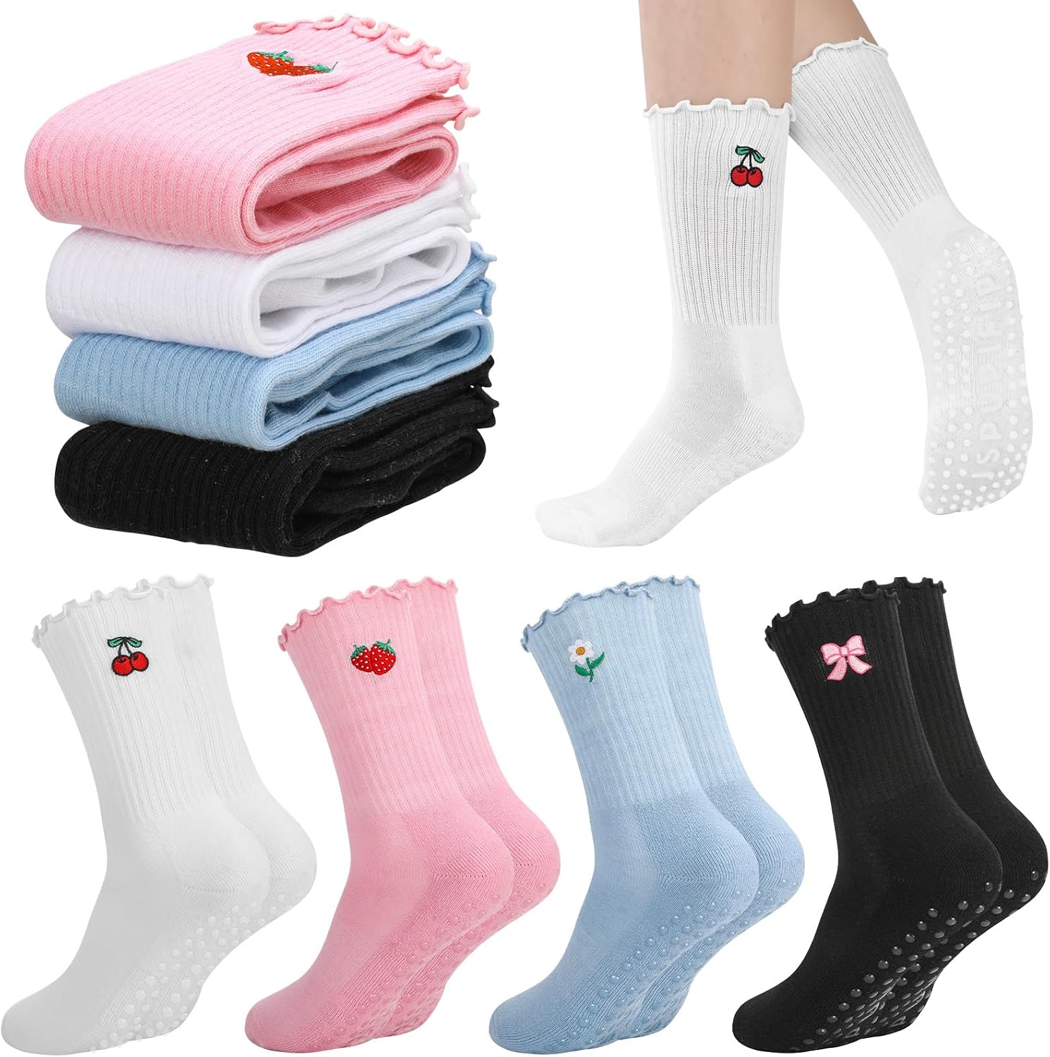 Jspupifip 4 Pairs Cute Pilates Grippy Socks for Women, Ruffle, Non-Slip | 80% Cotton, Embroidery Crew Grippy Socks, Yoga, Pilates Barre, Hospital, Home, Women's Athletic Socks