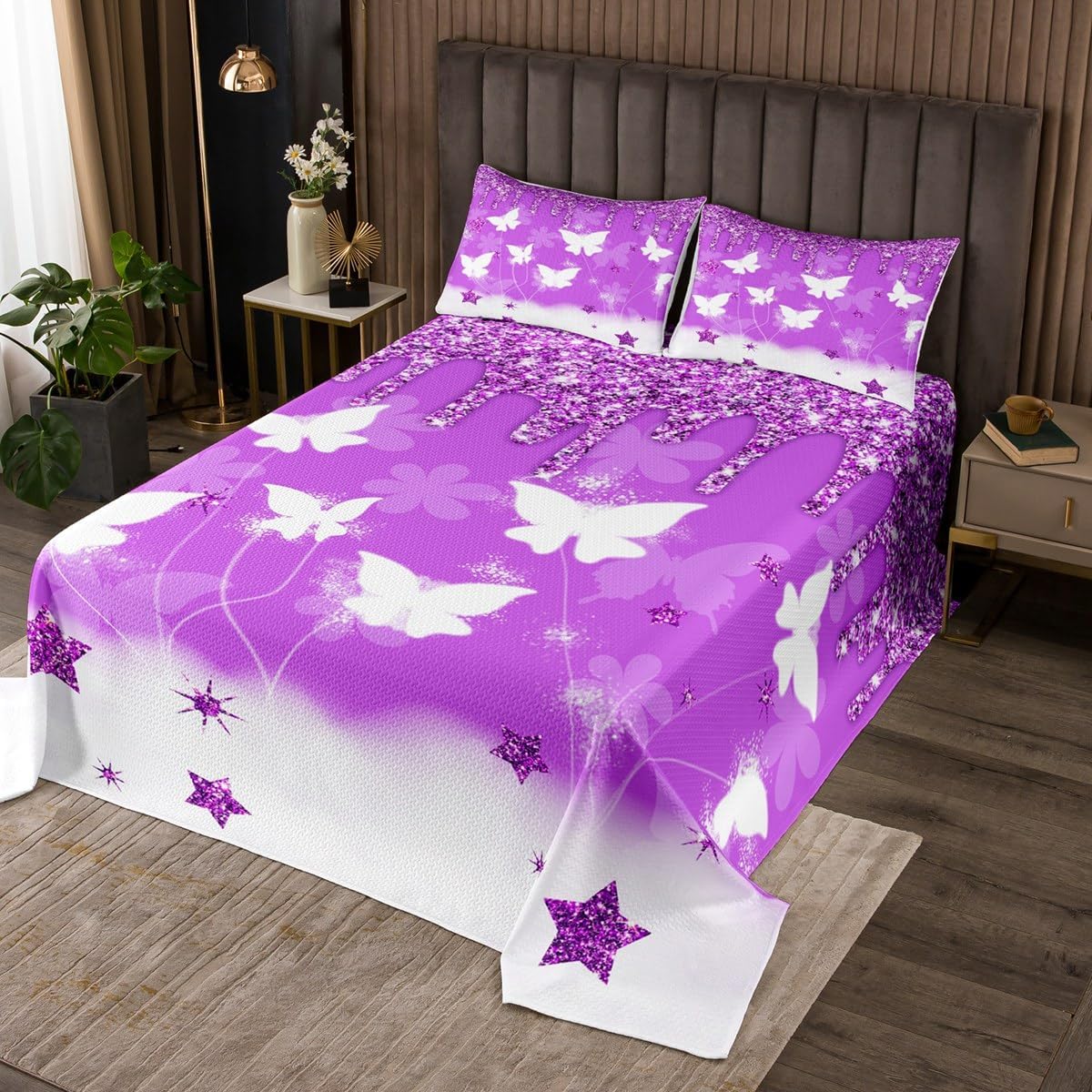 Feelyou Purple Glitter Print Bedspread Twin Size Butterfly Coverlet Set Tie Dye Print Quilt Set Star Decor Bedding Collection for Boys Girls Kids Adults
