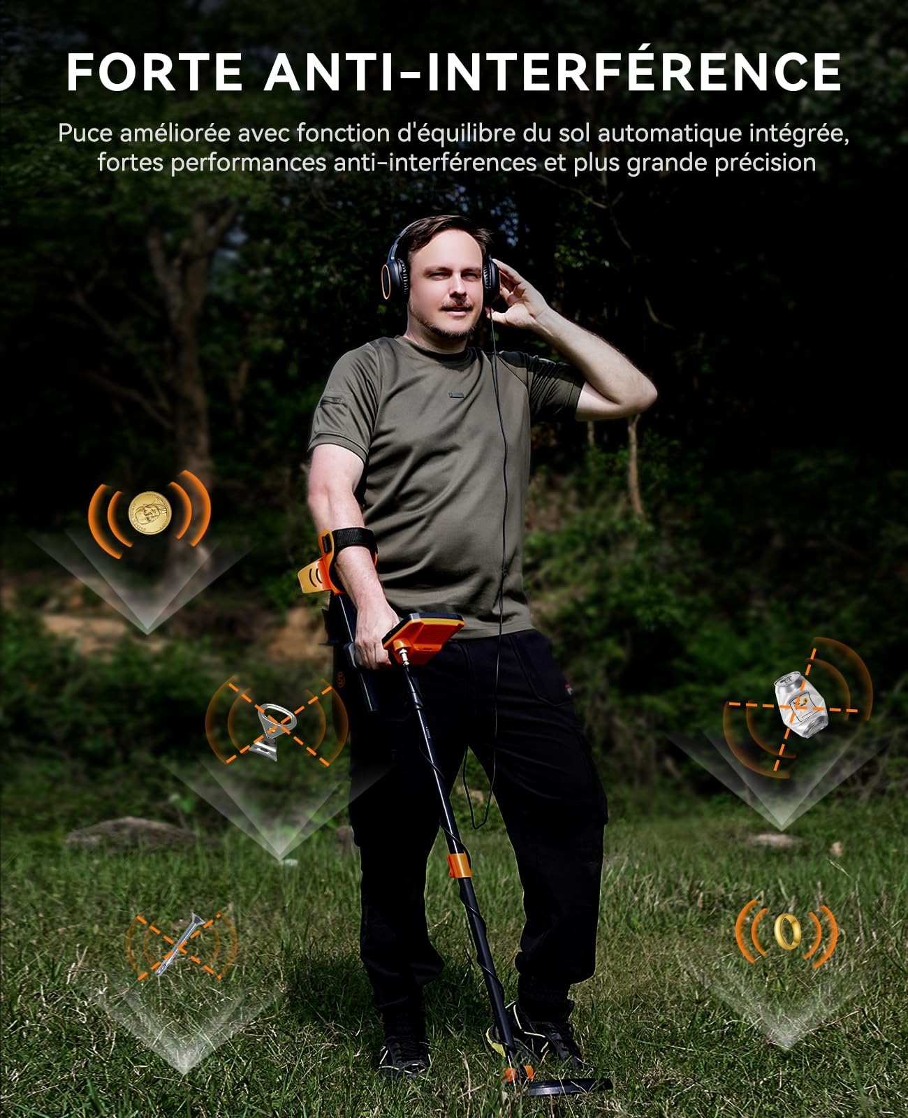 SUNPOW Détecteur de métaux - Détecteur Adulte étanche de précision à 5 Modes avec Profondeur de détection de 11 Pouces, Anti-interférences puissantes, Puce DSP avancée - OTMD09