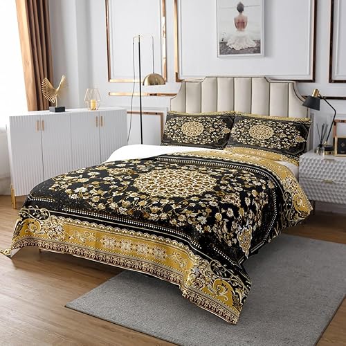 Miniatura 3 de Erosebridal Juego de edredón floral real, tamaño Queen, color negro y dorado, bohemio, diseño de flores exóticas europeas, bohemio, negro, amarillo,