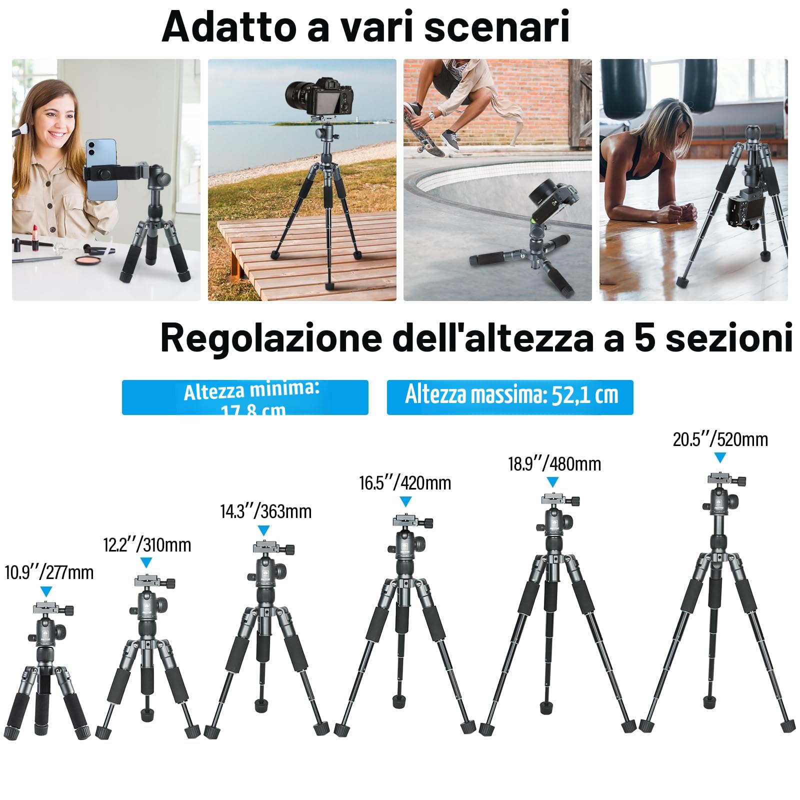 SIRUI Mini Treppiede da Tavolo Compatto, 50,8 cm Treppiede Portatile Piccolo in Alluminio con Testa Sfera a 360° e Supporto per Telefono per DSLR, Fotocamera, Telefono, Carico Fino a 10kg, AM-TT50