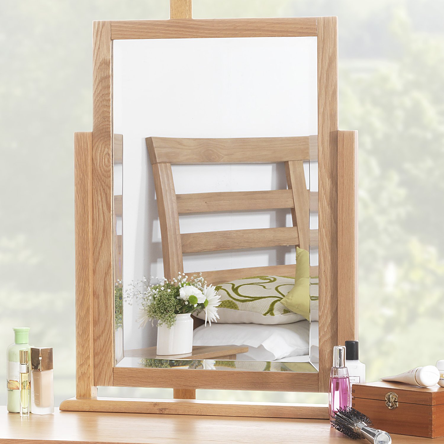 Statement Furniture Oak Edward Hopper Dressing Table Mirror, Wood Or White Pine Frame | 55 X 70 Cm, Bevelled Glass, Modern Table Top Mirror (Oak)