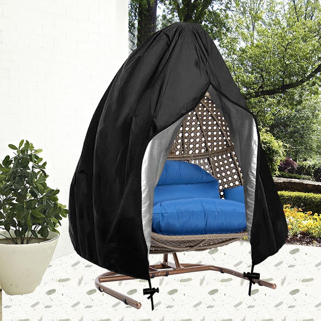 Double Seat Egg Chair Cover Waterproof Patio Wicker Swing Chair Covers with Zipper Outdoor 2 Person Hanging Garden Egg Chair Cover 91" H x 80" D, Black