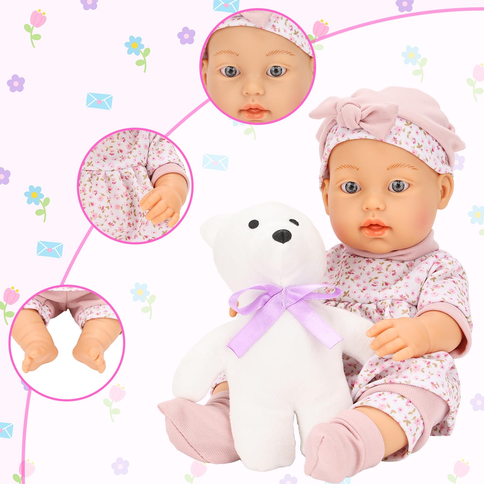 Miunana 1 Bambola Bambolotto New Born 30 CM 12 Pollici + Accessori | Bambola + Cappello + Vestito + Calze + Tasca + Pantaloncino + Bambola Calmante + Coperta + Cesto Da Letto + 4 Accessori