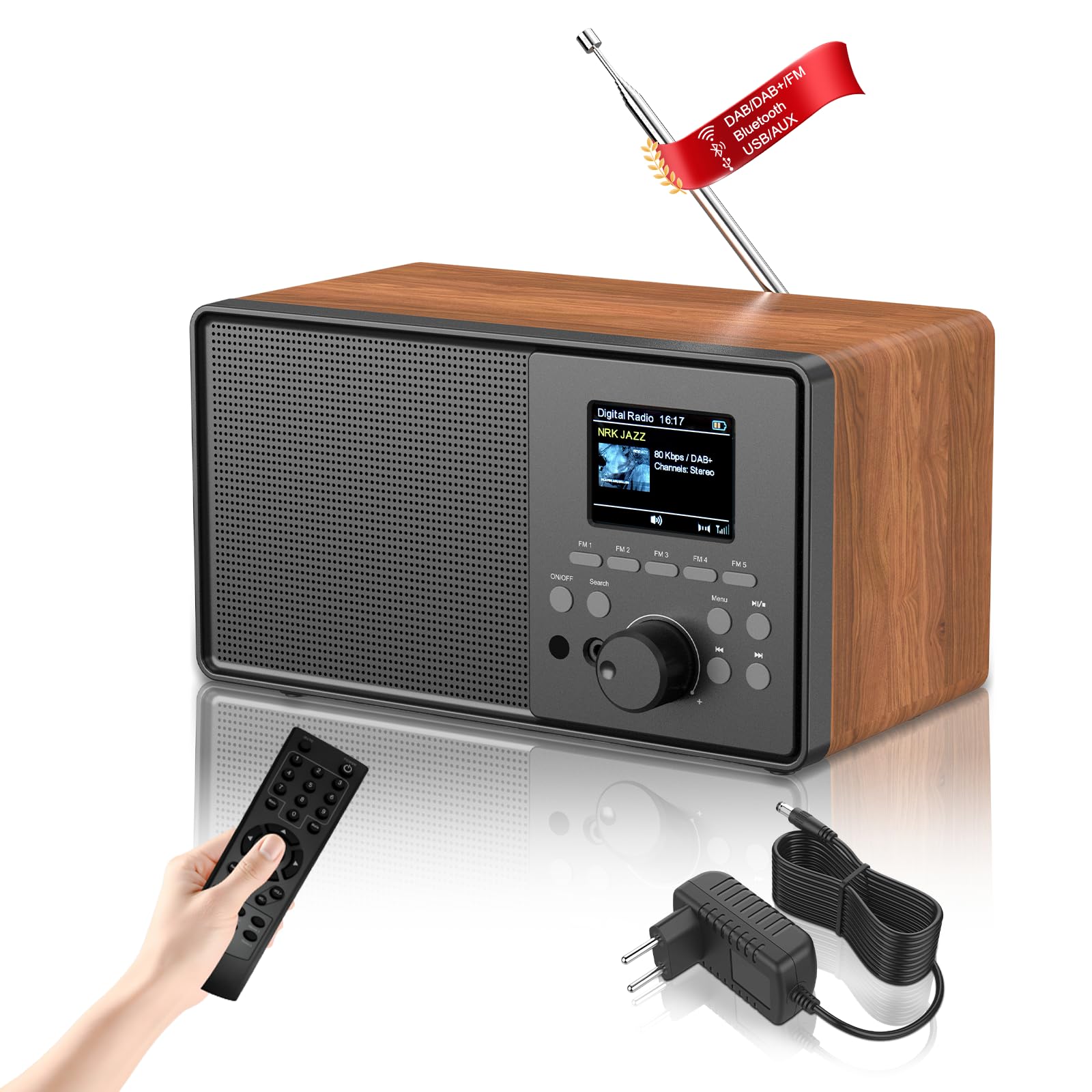 Radio Dab Plus Dab+/FM con Bluetooth,Digital Radio Portátil Retro y Mando a Distancia, Nostálgico Radio Despertador Doble,Radio de Cocina, 30 Emisoras, USB/AUX, Temporizador de Sueño (marrón)