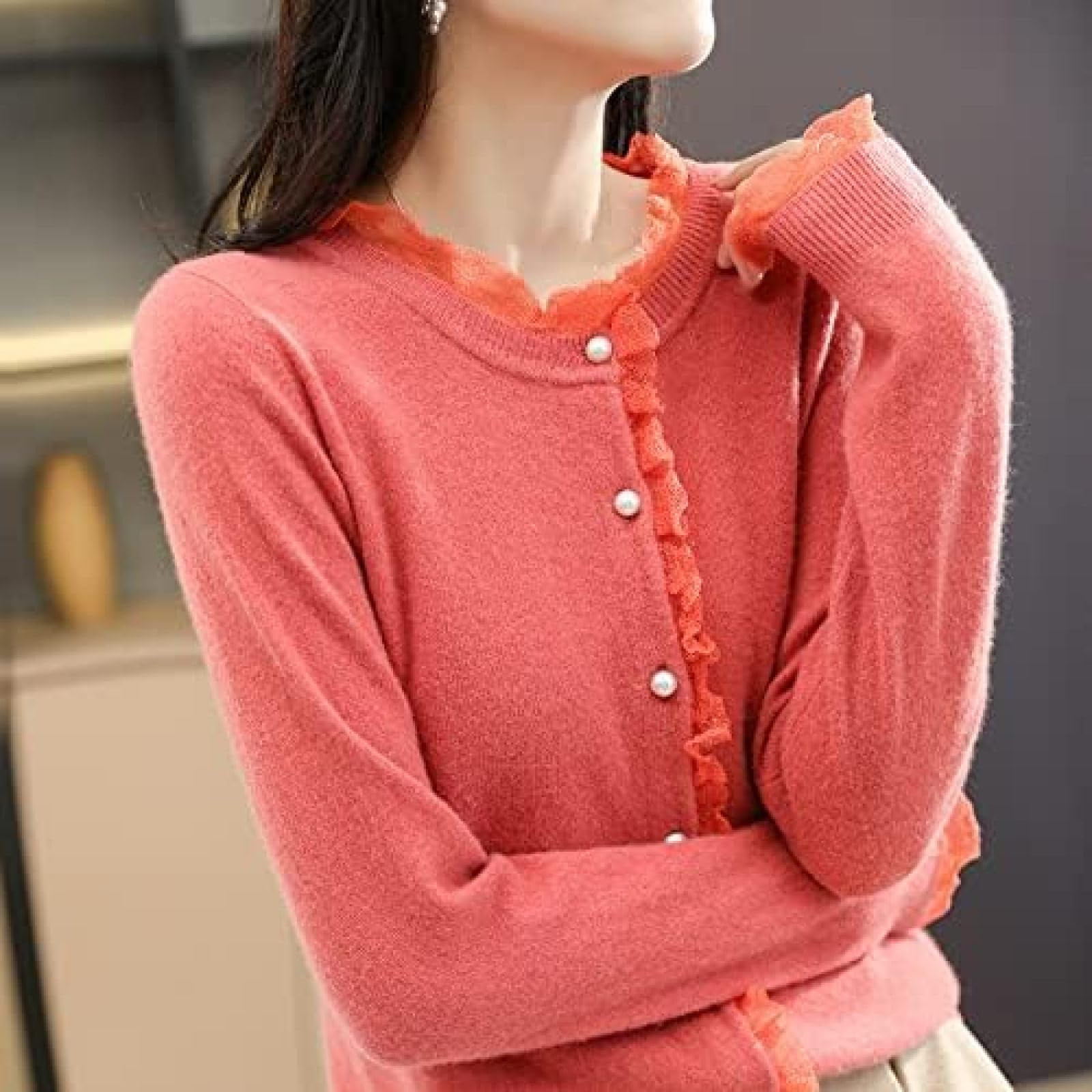 トップス Lace Trimmed Pearl Button Cardigan Lace Trimmed Pearl Button Cardigan