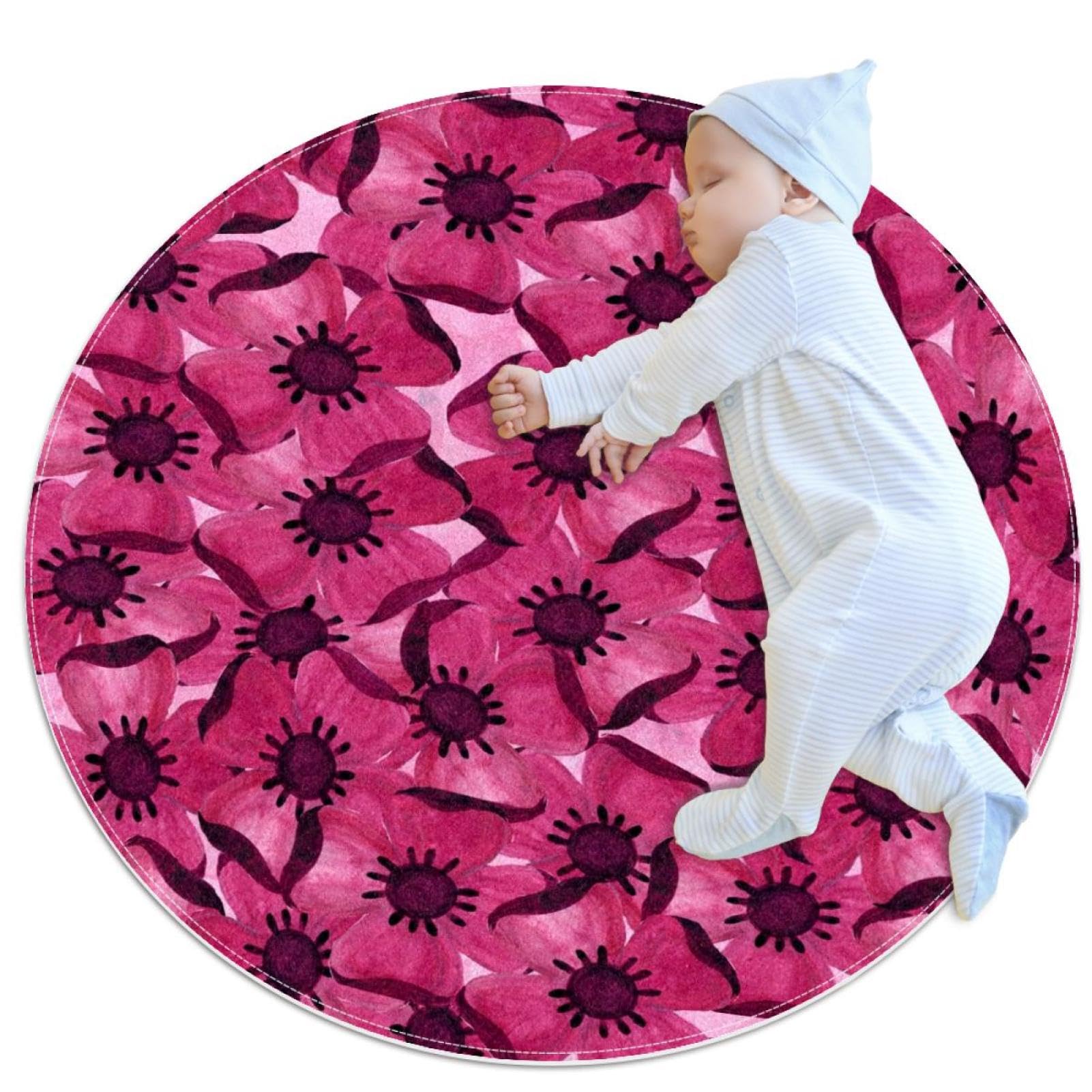 Tapis de salle de bain rond 1m antidérapant avec imprimé fleurs pour chambre d'enfant