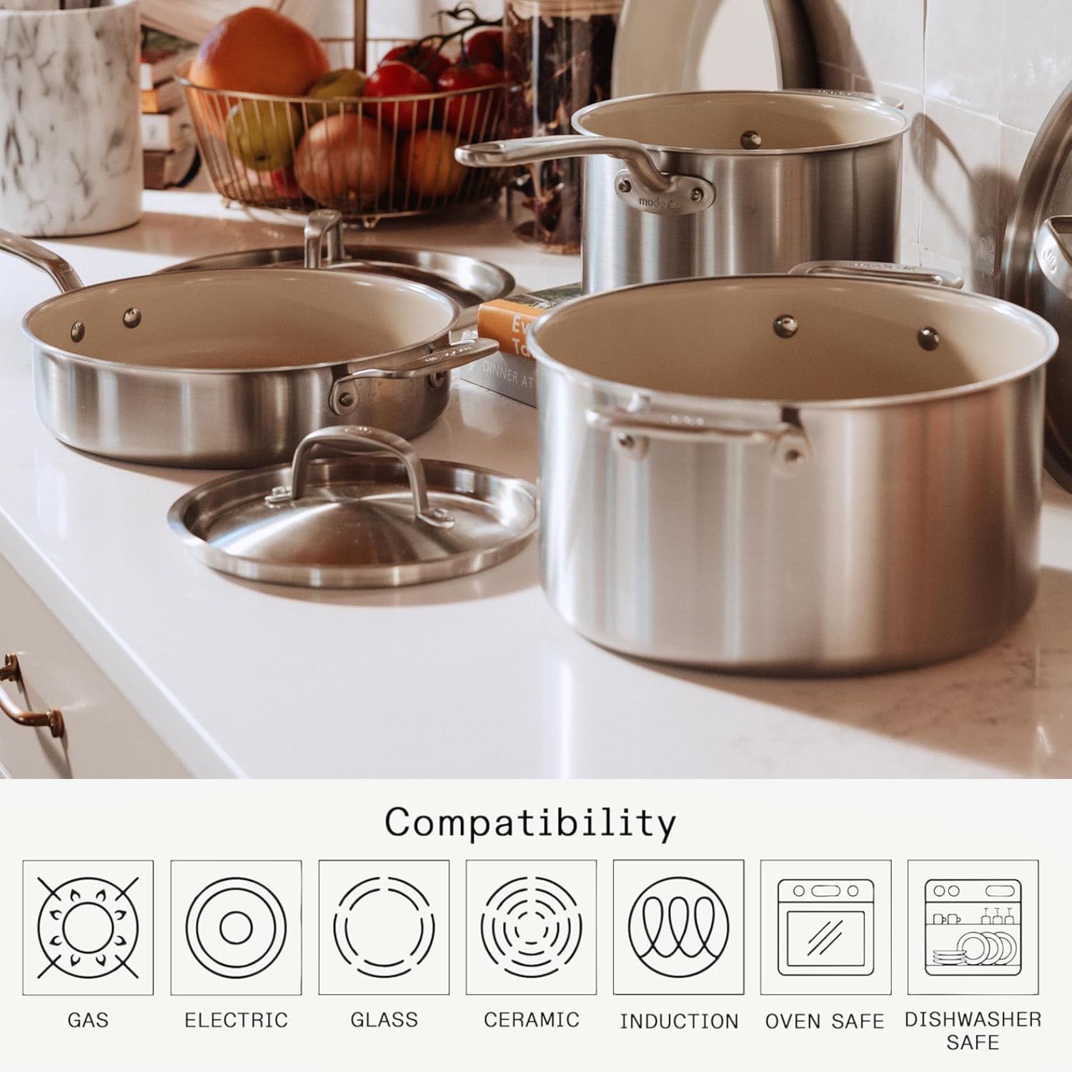 Made In Cookware CeramiClad - Juego de ollas y sartenes antiadherentes de 7 piezas (mango inoxidable) - Revestimiento de acero inoxidable de 5 capas - Utensilios de cocina profesionales - Fabricado en