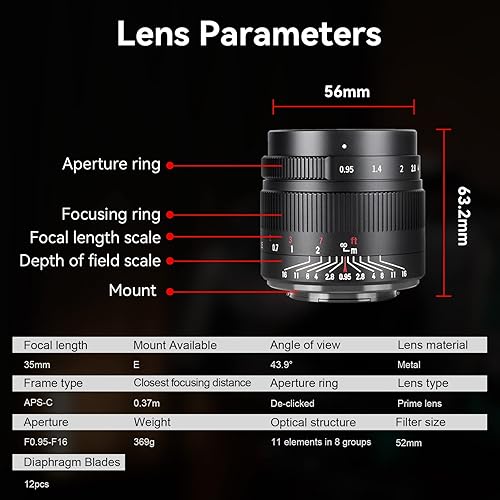 Miniatura 5 de 7artisans Lente de cámaras sin espejo de gran apertura APS-C de 1.378 in f0.95 para Sony A7 A7II A7III (A7M3) A7R A7RIII A7S A7SIII A6000 A6300