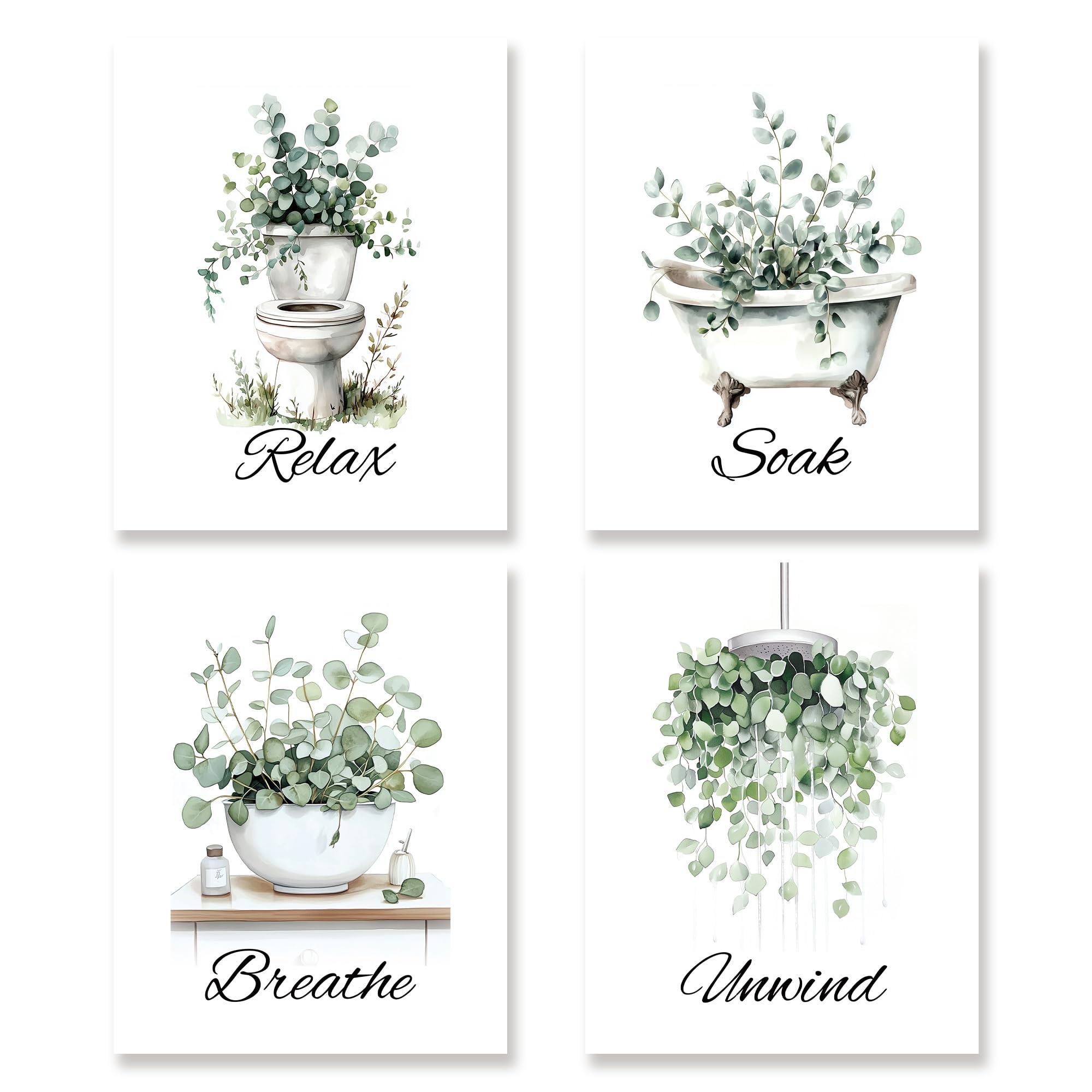 KSDUT Bathroom Wall Art Decor Set of 4 - Sage Green Toilet Artwork Poster Prints Eucalyptus Leaf Botanical Bathtub Picture Wall Art for Bathroom Home Decorations - 8"x10" Unframed