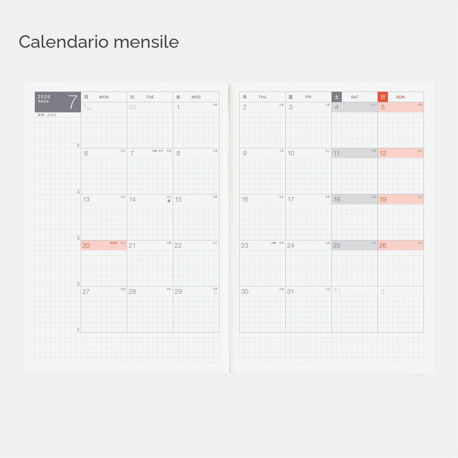 Hobonichi Techo 2026 Day-Free Book – A5, giapponese, mensile, inizio gennaio, inizio lunedì