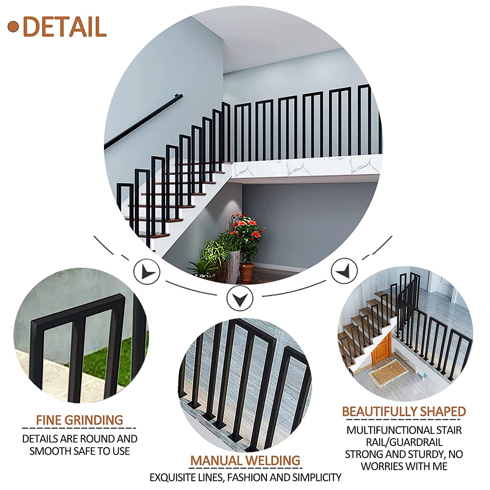 Czarna poręcz w kształcie litery M na zewnątrz wewnątrz werandę Loft Villa Decking, pręt podtrzymujący balustradę schodową z kutego żelaza, bezpieczny antypoślizgowy drążek ręczny