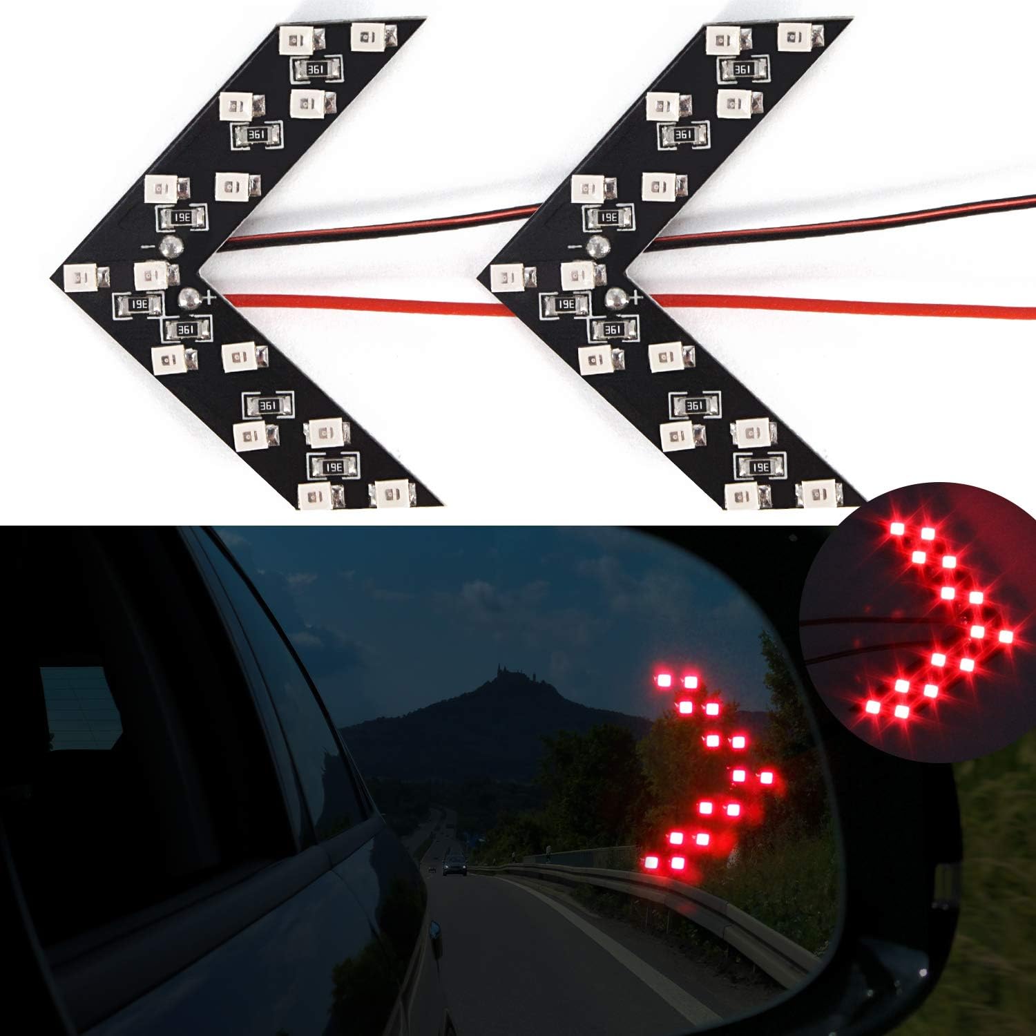 Biqing Car Turn Signal Light Rear View Mirror Indicator LED Side Mirror Steering Lights 14-SMD Arrow Embedded/Hidden Style Universal Fit Ultra Slim Red (pack of 2)