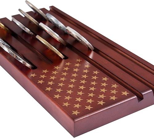 Miniatura 7 de Exhibición de monedas de madera del ejército coleccionable, titular de monedas de 6 filas de exhibición bandera americana