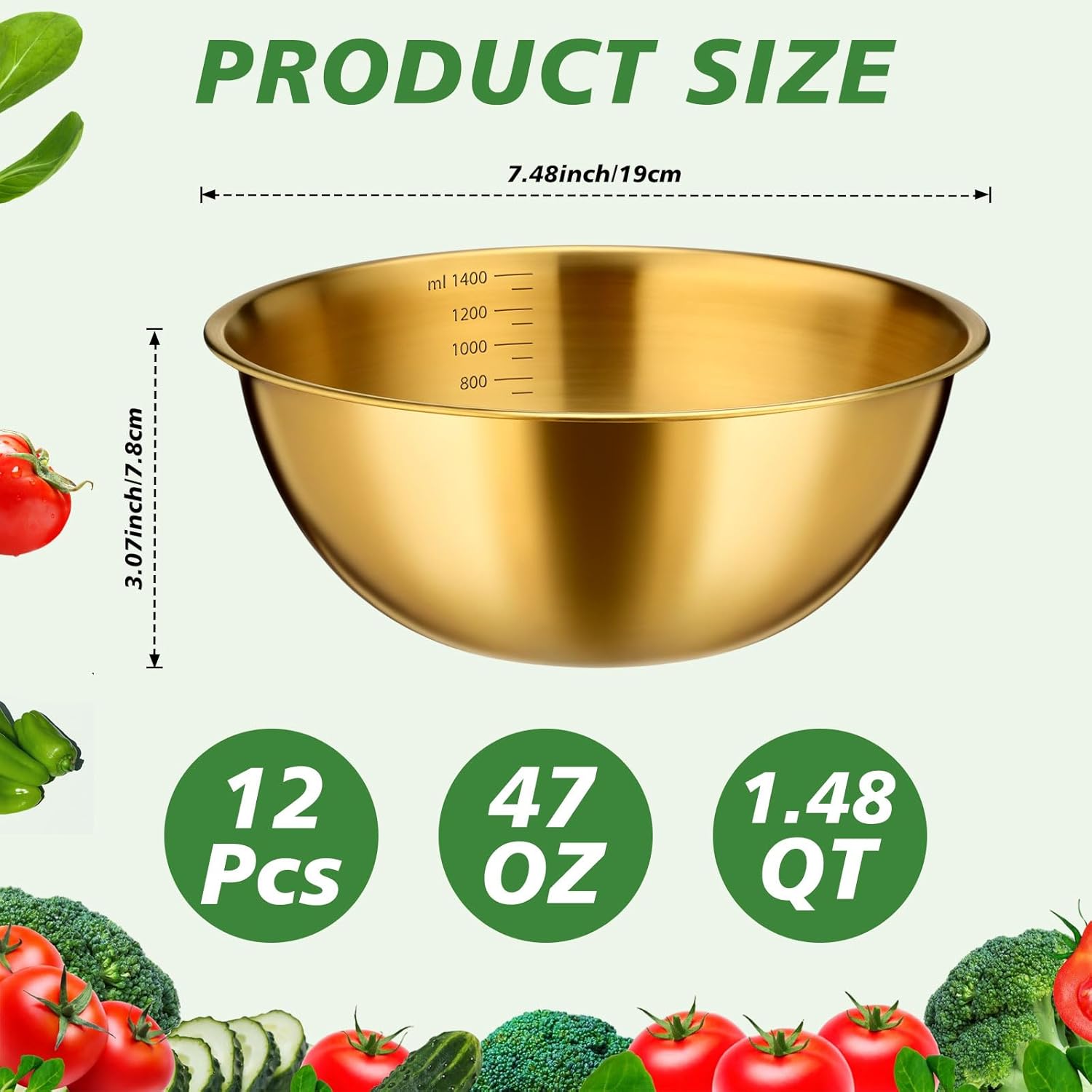 12 Pcs 7.5 Inch Gold Mixing Bowls with Graduations Bulk 47oz Stainless Steel Salad Bowls Mixing Serving Container Nesting Metal Baking Food Storage Container for Cooking, Making Salads, Soup