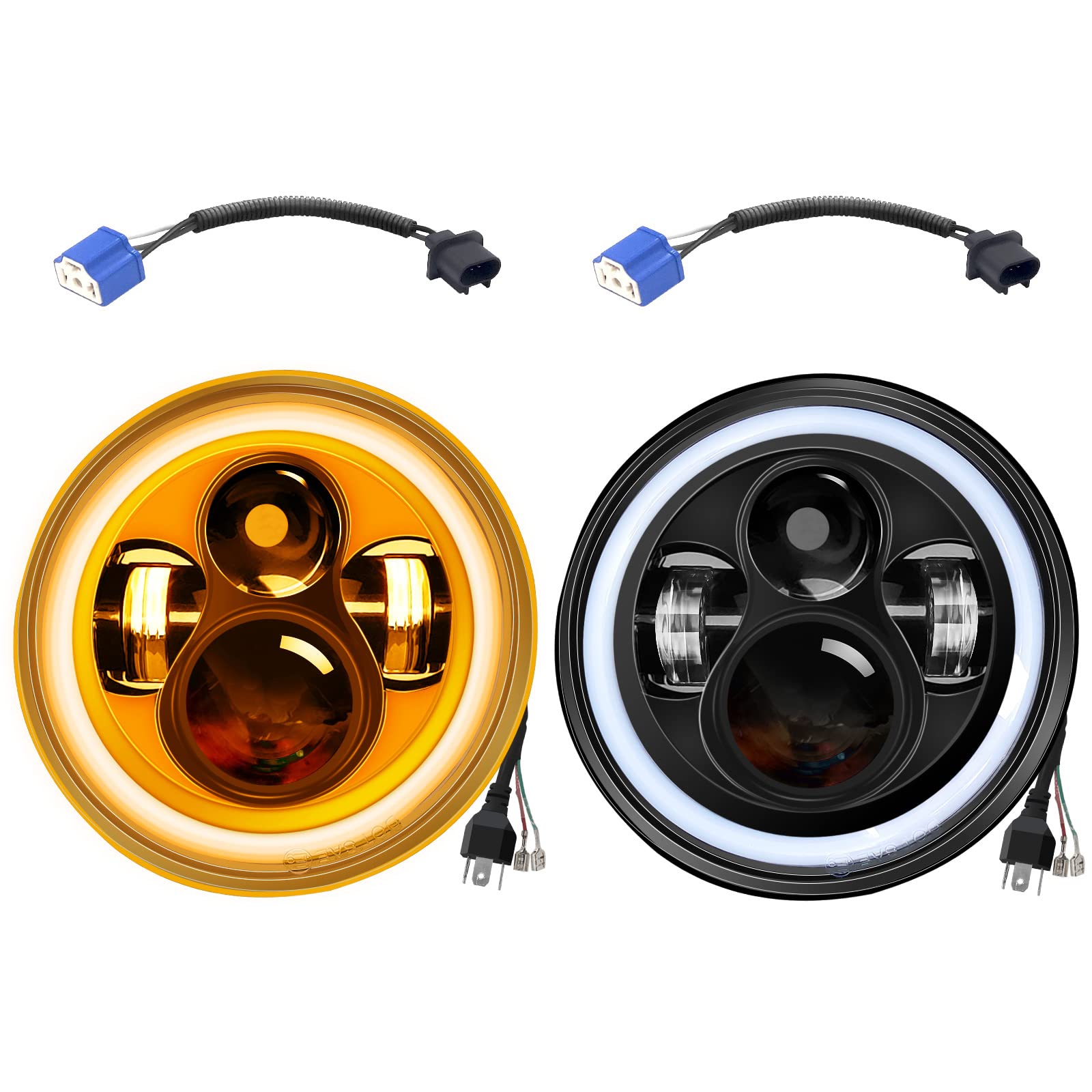 Round LED Headlights with Halo – 2PCS 7 Inch 6000LM Headlamp for Jeep Wrangler TJ JK CJ, Offroad Lights with DRL White Angel Eyes & Amber Turn Signal, IP67 Waterproof, H4 to H13 Adapter, Plug & Play