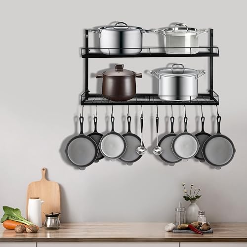 Miniatura 4 de Gdrasuya10 Estante para ollas de pared, organizador de ollas y sartenes de 2 niveles para organización y almacenamiento de cocina, estante colgante