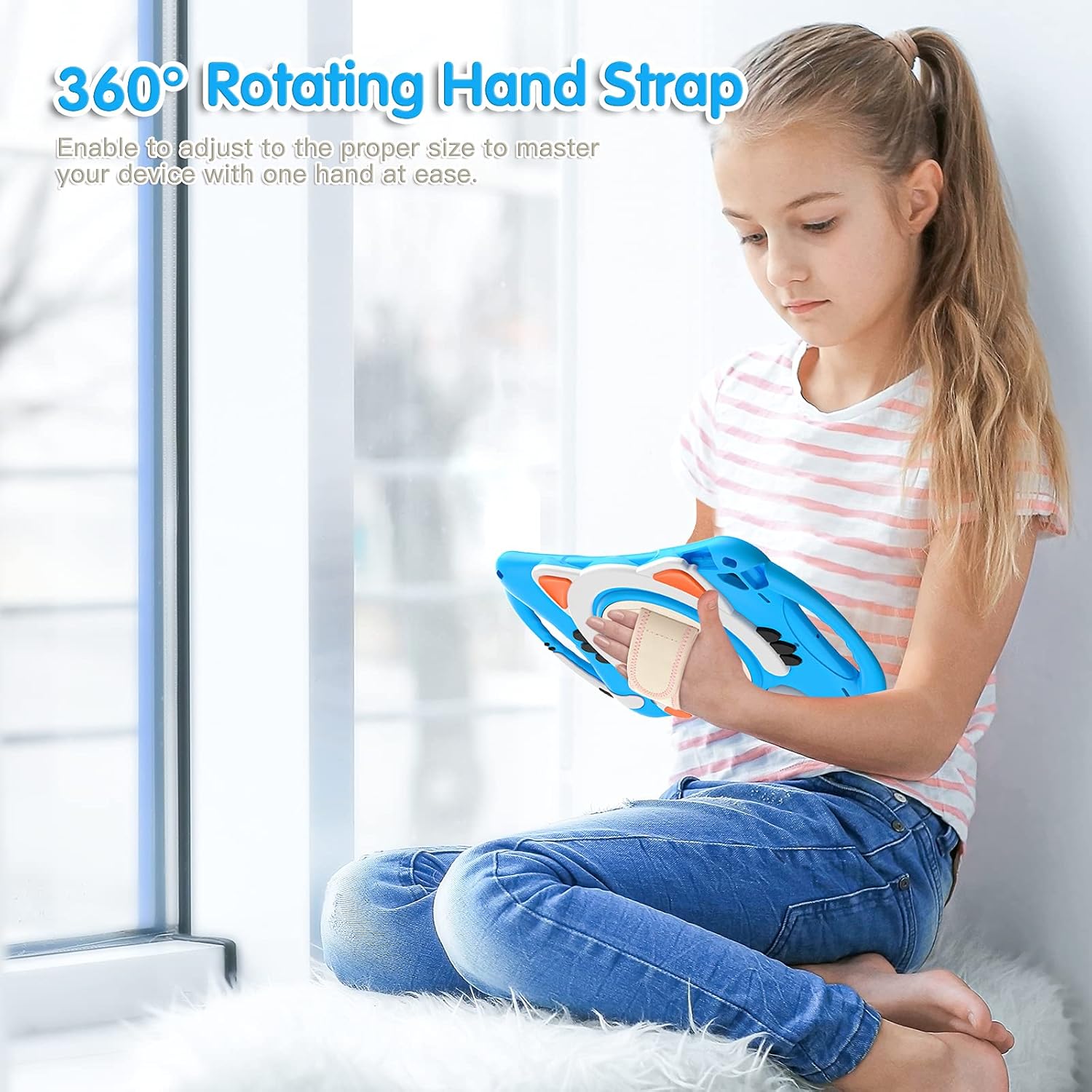 Shockproof Kids Case for iPad 10.2 (2021/2020/2019),Cute Cat Dropproof Protective Cover for iPad 10.2 inch 9th/8th/7th Generation W 360° Rotating Kickstand+Handle+Shoulder Strap
