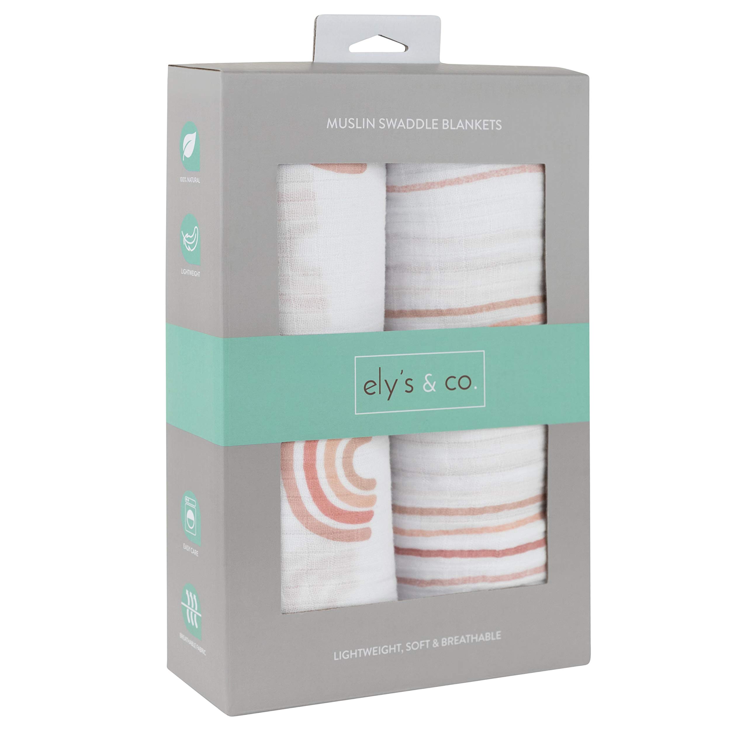 Ely's &Co. muślinowy koc do owijania, 2-pak dla dziewczynki – 100% bawełna, muślin, bardzo duże koce do owijania (120 x 119 cm) – zakurzone różowe paski, tęcze
