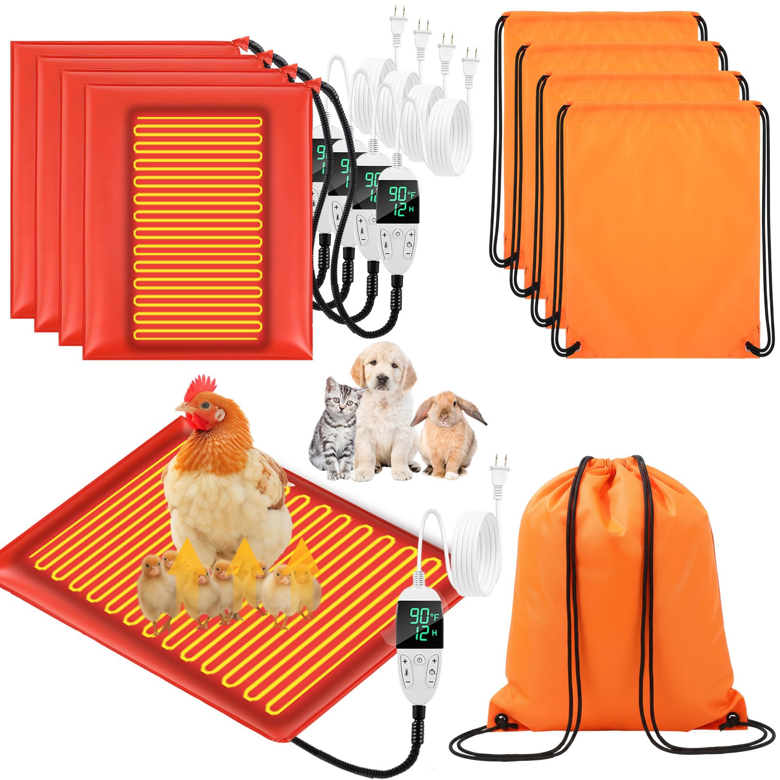 Photo 1 of Grinsvalley 4 Pack Heated Chicken Pad for Brooders Small Animal Pet Heating Pad Warming Chick Nesting Mat with Temperature and Timer Waterproof Chicken Coop Heater Mat(15.7 x 12.6 Inches)