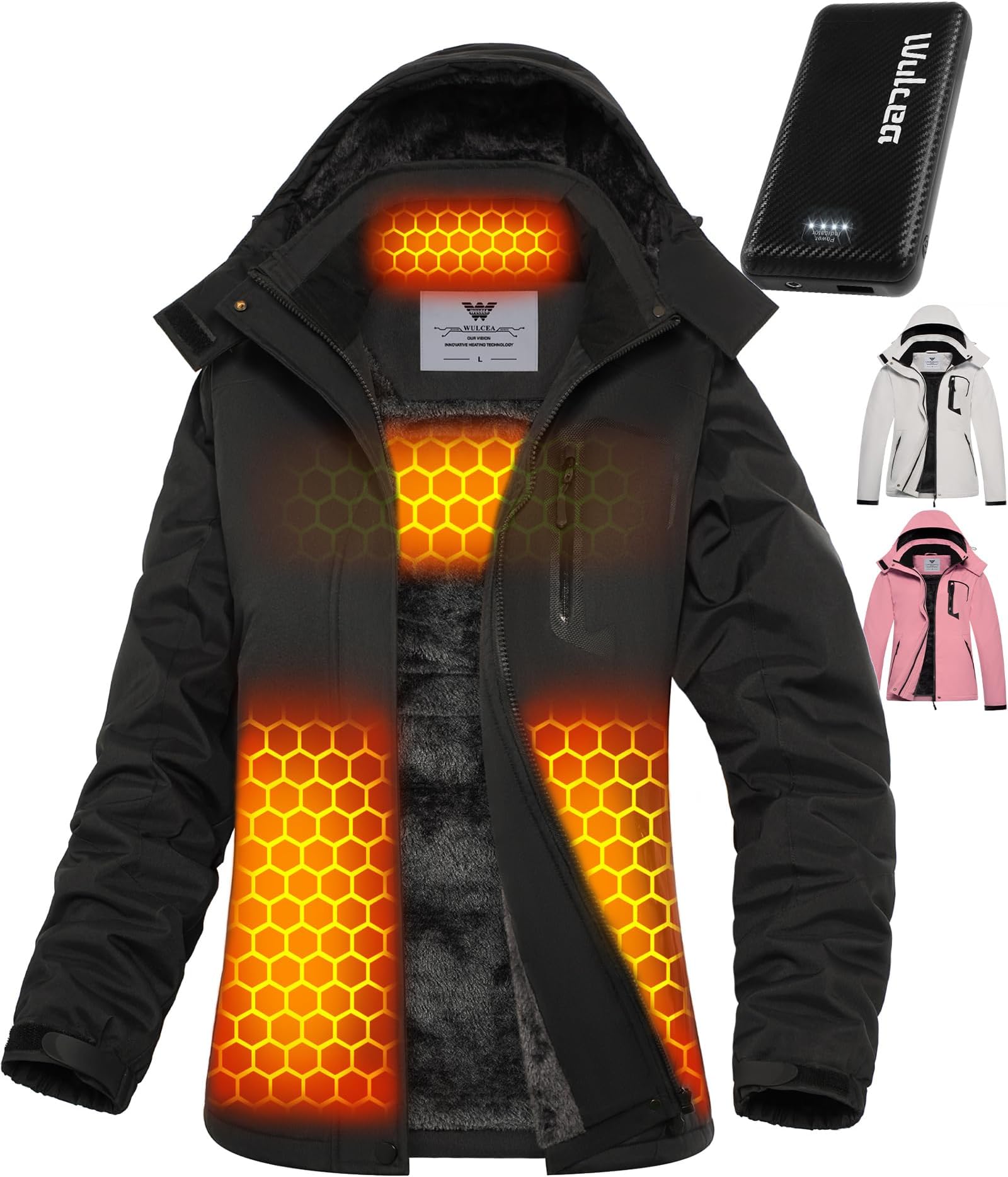 Wulcea Graphene Heated Jacket for Women Fur Lined with 7.4V 16000mAh Battery Pack