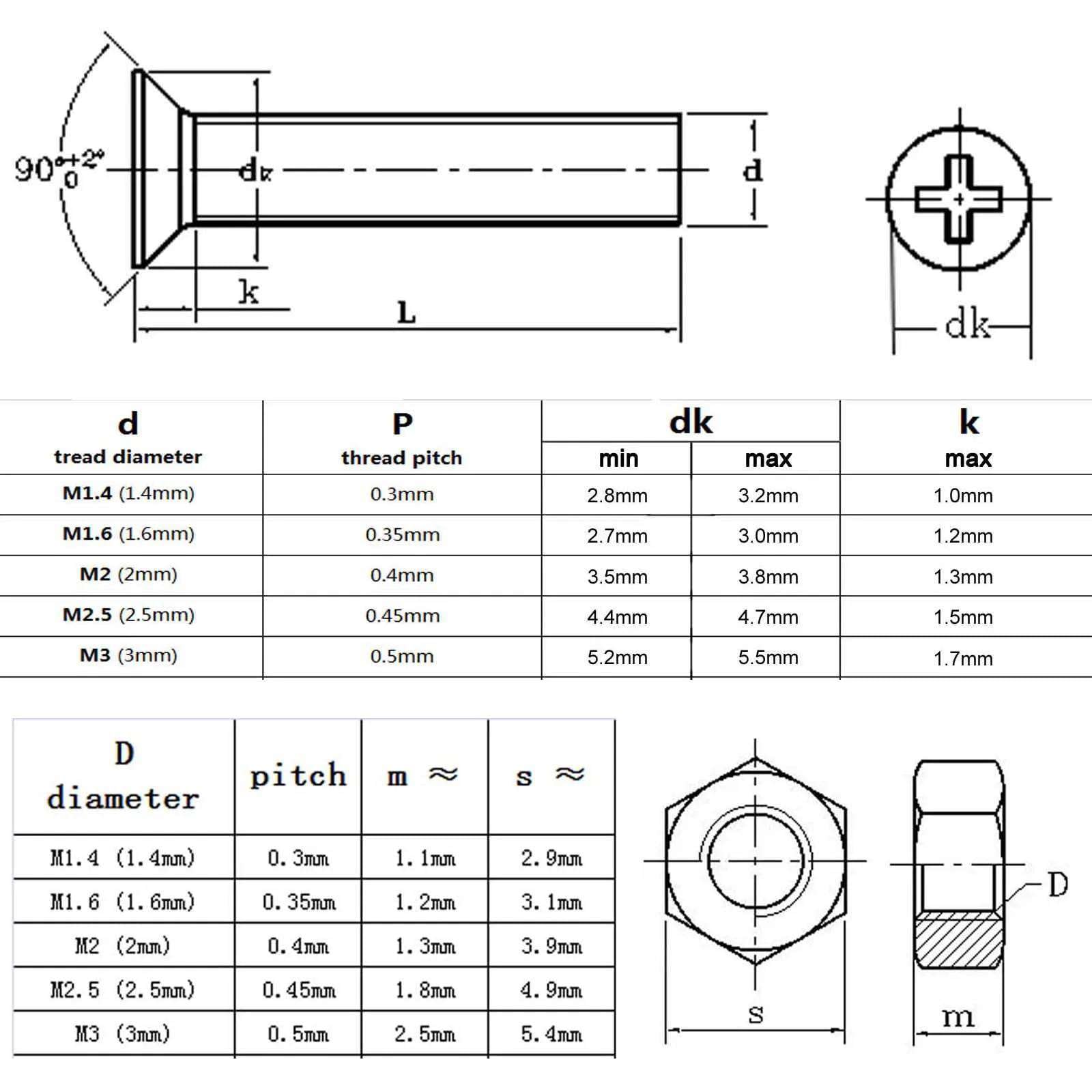 M1.4 M1.6 M2 M2.5 M3 Mini Micro Phillips Cross Flat Avellanado Cabeza Tornillo Tornillo Tornillo Tuerca Juego de Tuercas