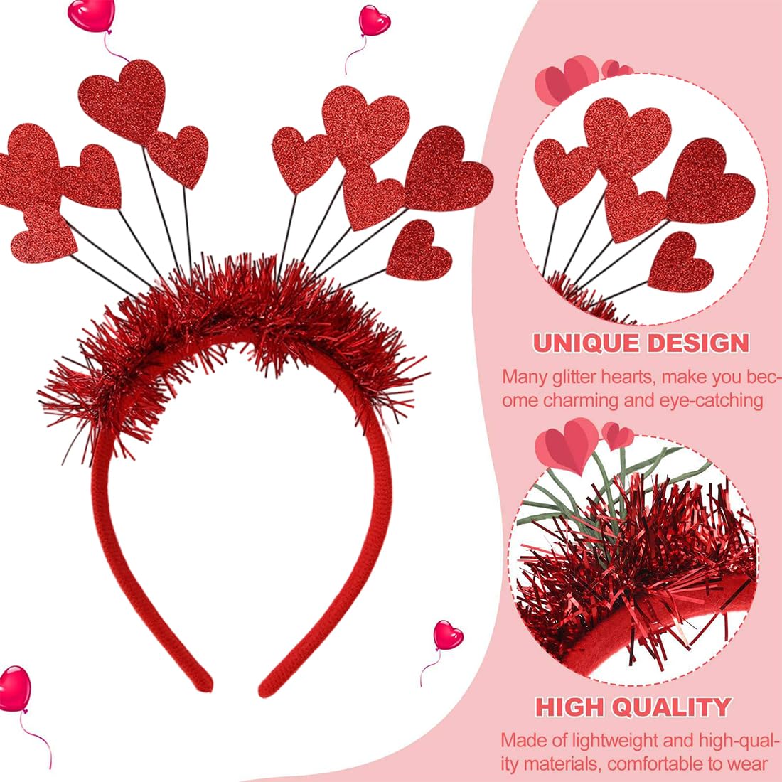 BAUCH Cerchietto con Cuore Rosso Paillettes per San Valentino, Accessorio Capelli per Donna e Ragazza, Ideale per Matrimoni e Feste
