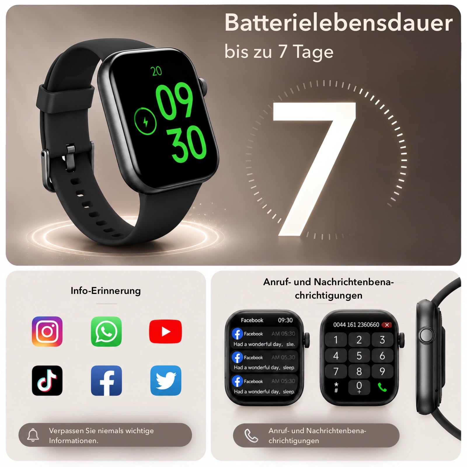 Smartwatch Damen Herren 1,85" HD Touch Fitnessuhr mit Telefonfunktion, 140+ Sportmodi, Pulsmesser, Schlafmonitor, Schrittzähler, IP68 Wasserdicht iOS Black