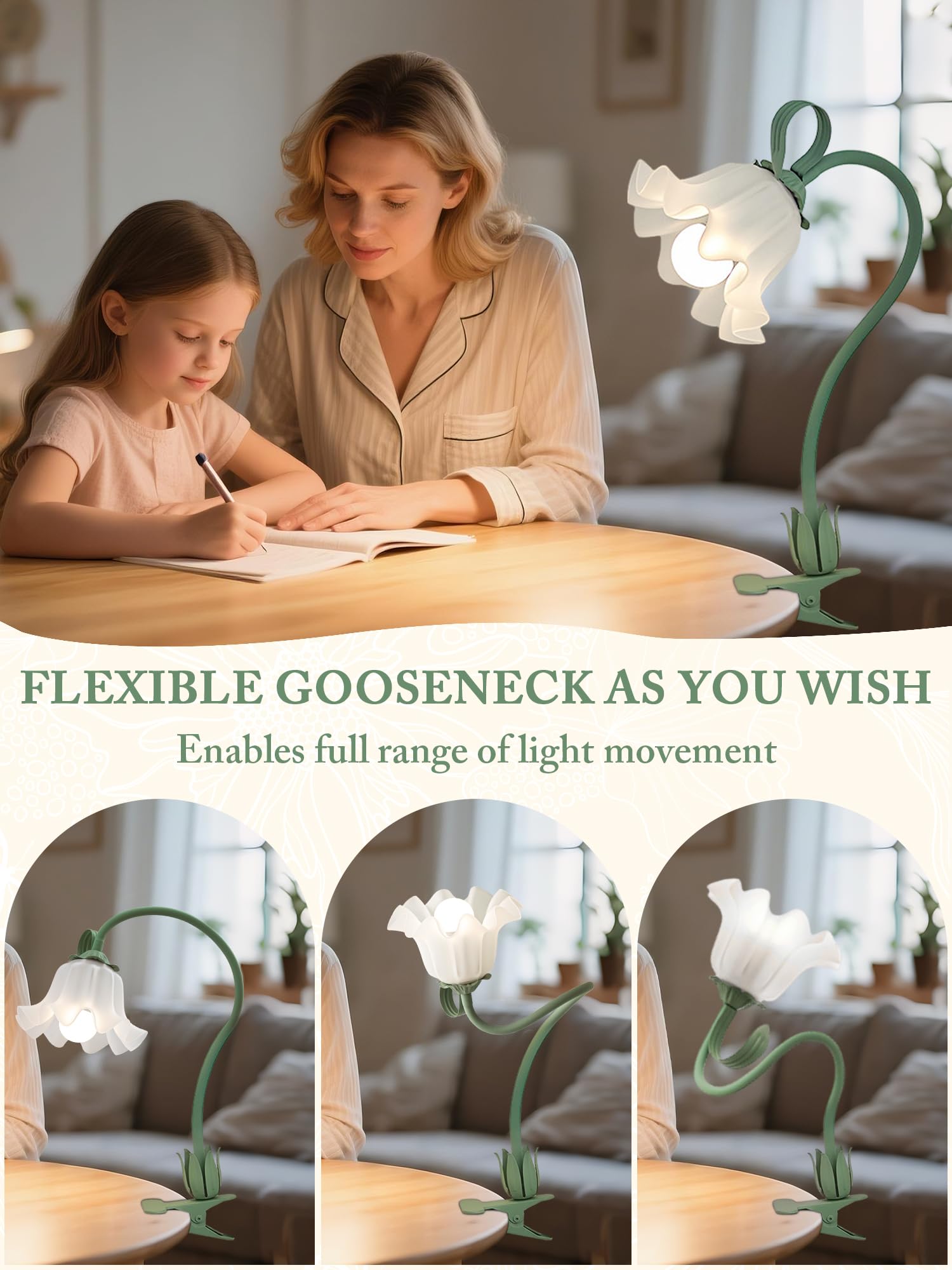 Lámpara de escritorio con diseño de flores, 3 modos de color, luz LED para el cuidado de los ojos, cuello de cisne flexible con clip para mesita de noche para camas, cabecero, escritorio
