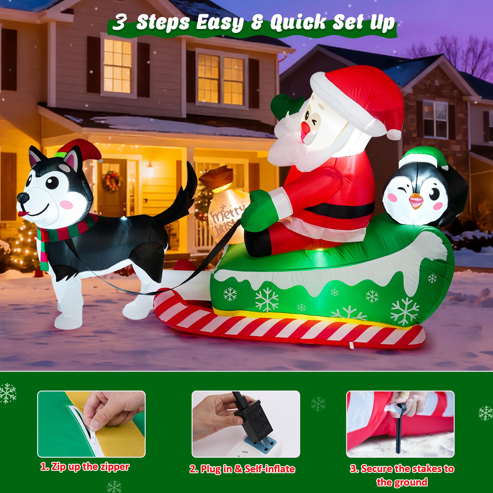 Meland Décoration de Noël gonflable, Père Noël sur le traîneau avec chien avec lumières intégrées