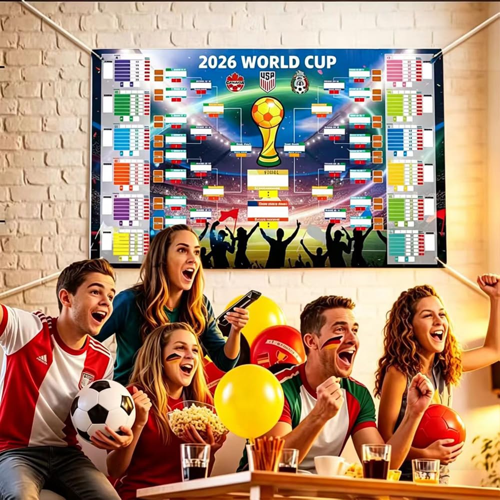 Poster 2026 con 2 penne, pianificatore di calcio, 84 x 60 cm, pianificazione del mondo 2026, poster per decorazione, contiene 48 squadre di gruppo Knockout e finale, tutti i risultati dei giochi