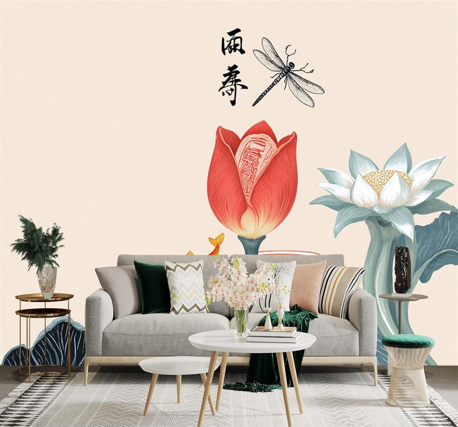 XLMING Minimalist Lotus Small Fish Dragonfly Art 3D Wallpaper Silky Texture Home Study Office Grey Dining Room Sofa Bedroom Living Room TV Backdrop-250cm×170cm