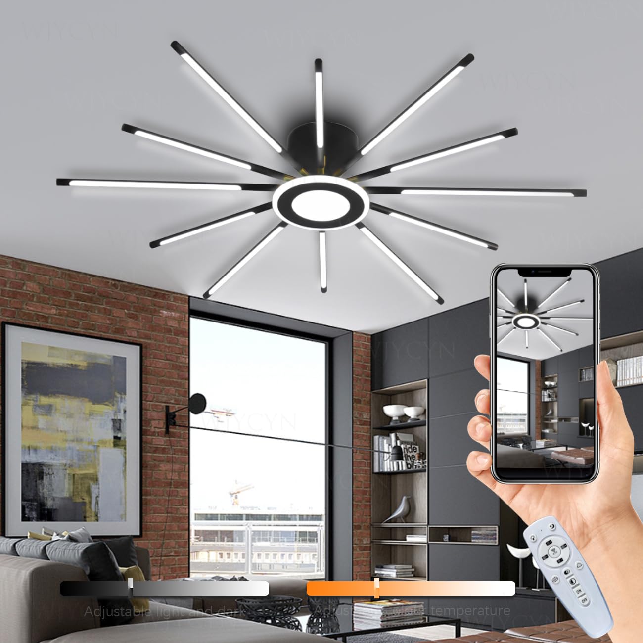 Nowoczesne Oświetlenie Sufitowe Czarny Fajerwerki Oświetlenie LED do salonu energooszczędne liniowa Lampa sufitowa i pilotem Plafon kuchenny bez oślepiającego blasku D106cm (12 punktów świetlnych 91W)