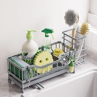 Sponge Holder for Kitchen Sink, Kitchen Sink Caddy with Long-Handled Dish Brushes Holder, 304 Rustproof Stainless Steel Countertop Organizers and Storage, Home Kitchen Sink Accessories(Silver) - Amazon product rated Grade A