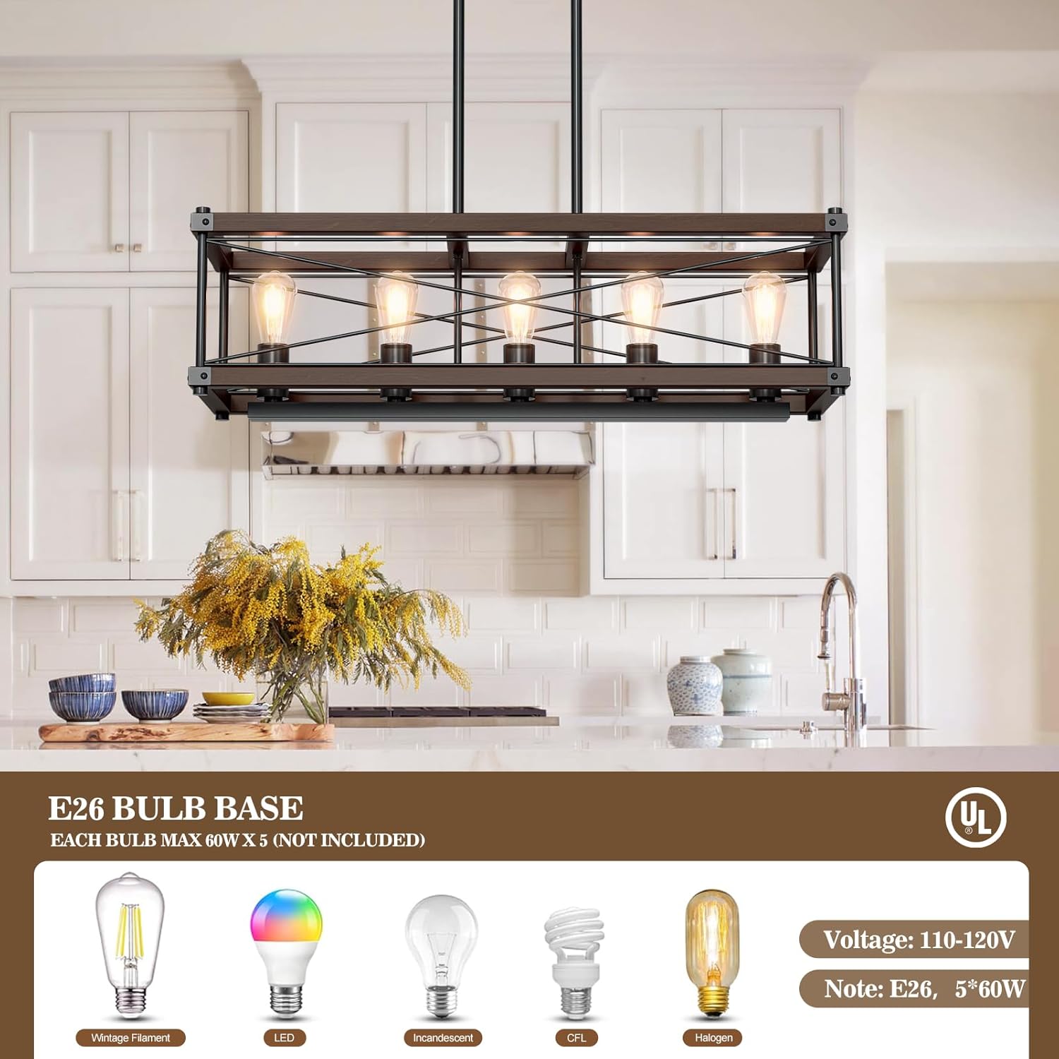 Farmhouse Kitchen Island Lighting, 5-Light Solid Wood 31.5” Dining Room Pendant Light Fixtures, Rustic Chandelier with Adjustable Height for Dining Room Kitchen Bar Pool Table, Walnut Color